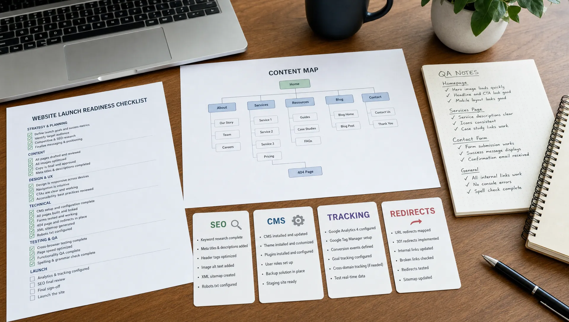 A website launch readiness workspace with a printed checklist, content map, QA notes and cards for SEO, CMS, tracking, and redirects on a desk.