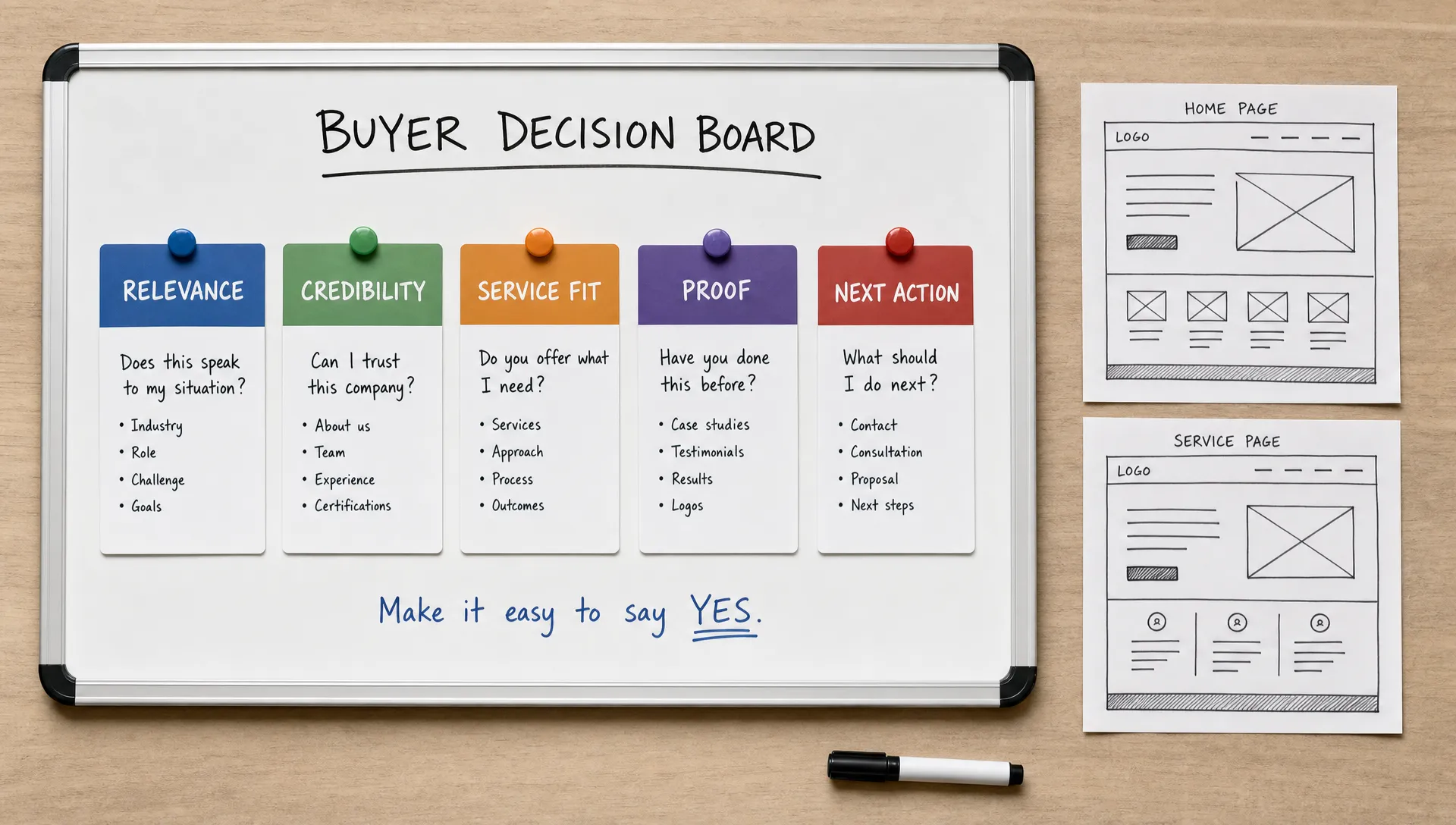 A buyer decision board shows cards for relevance, credibility, service fit, proof, and next action beside simple page sketches.