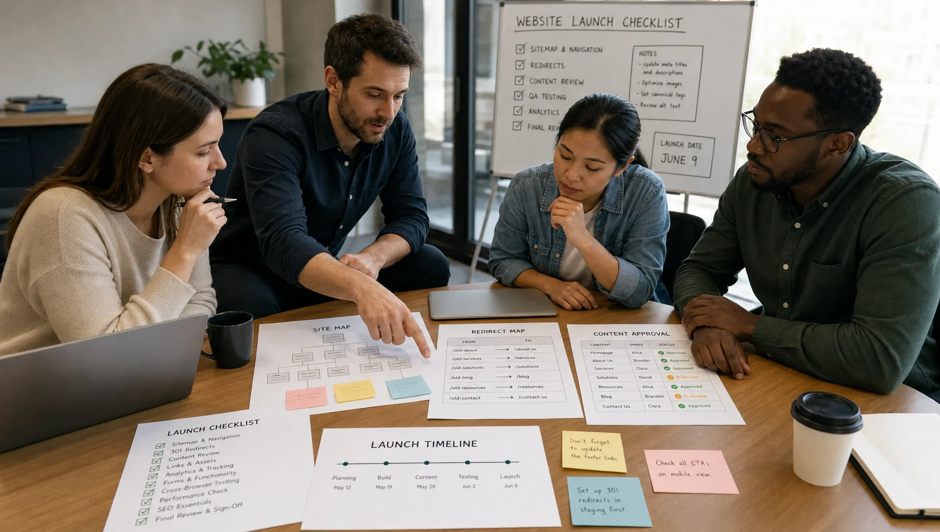 A marketing team reviews a website launch checklist with sitemap notes, redirect maps, and content approval sheets on a meeting table.