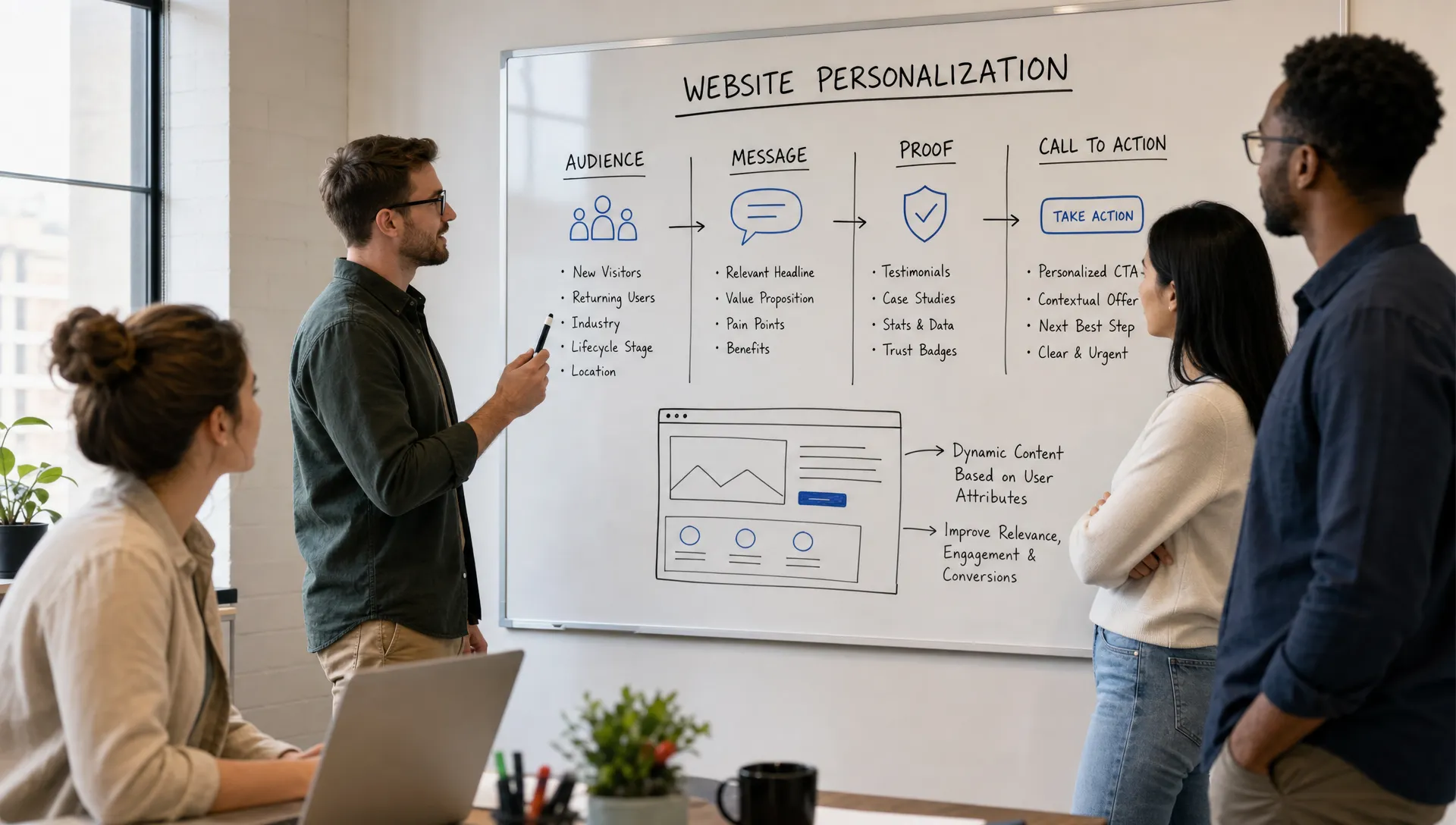 A marketing team reviews website personalization on a whiteboard with sections for audience, message, proof, and call to action.