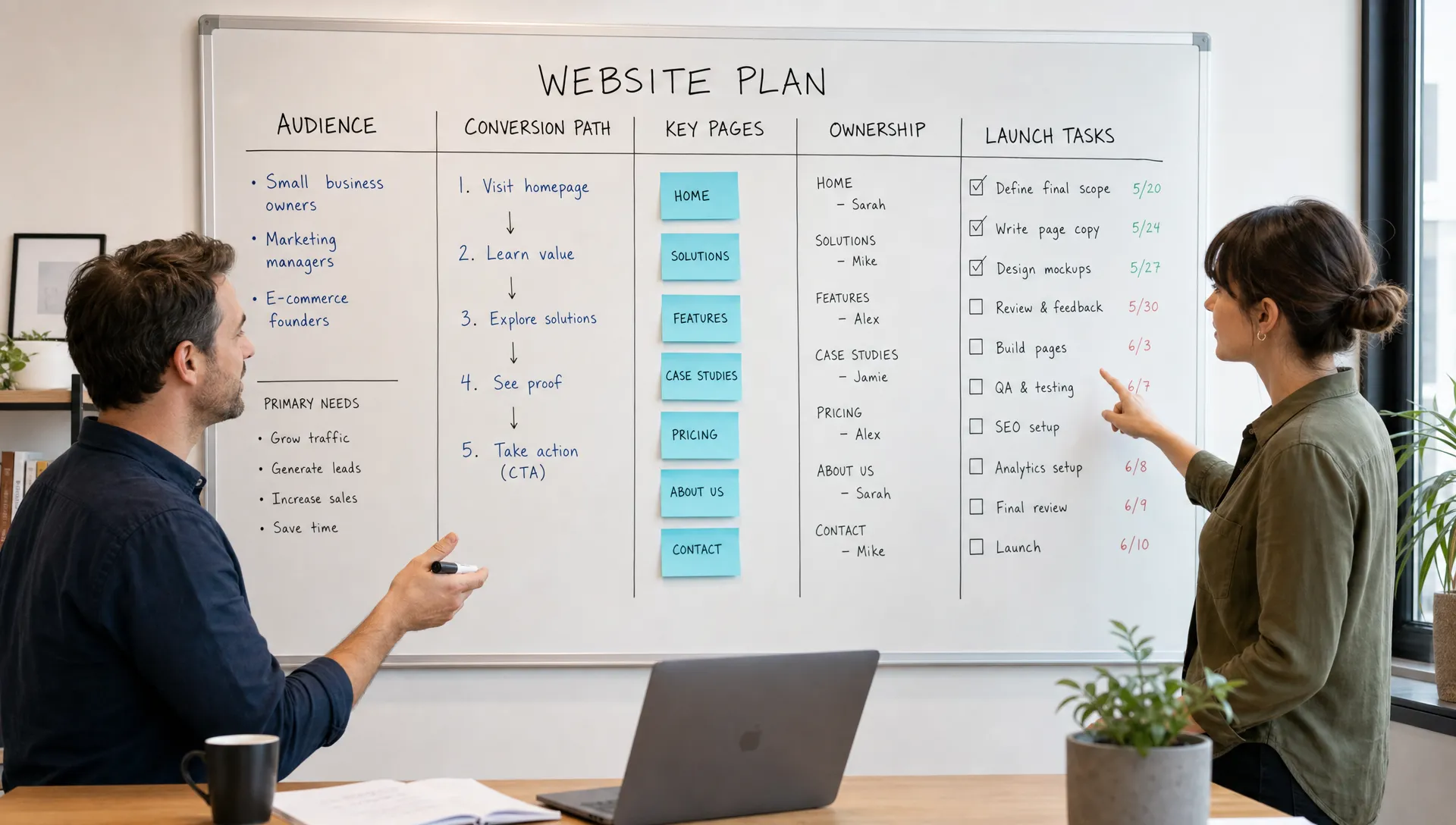 A founder and marketing manager review a website planning board with audience, conversion path, key pages, ownership, and launch tasks in a meeting room.