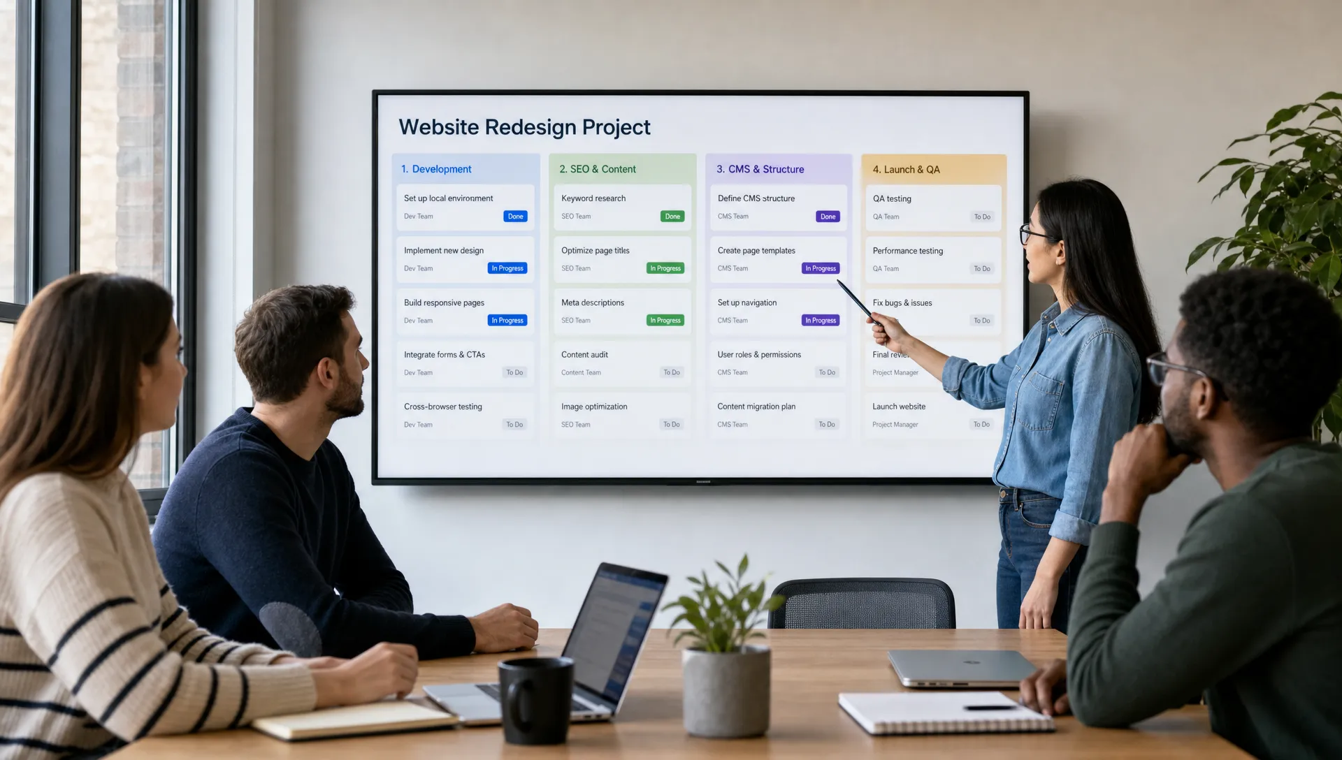 A marketing team reviews a website project board with development tasks, SEO checks, CMS structure, and launch QA stages in a clear workflow.