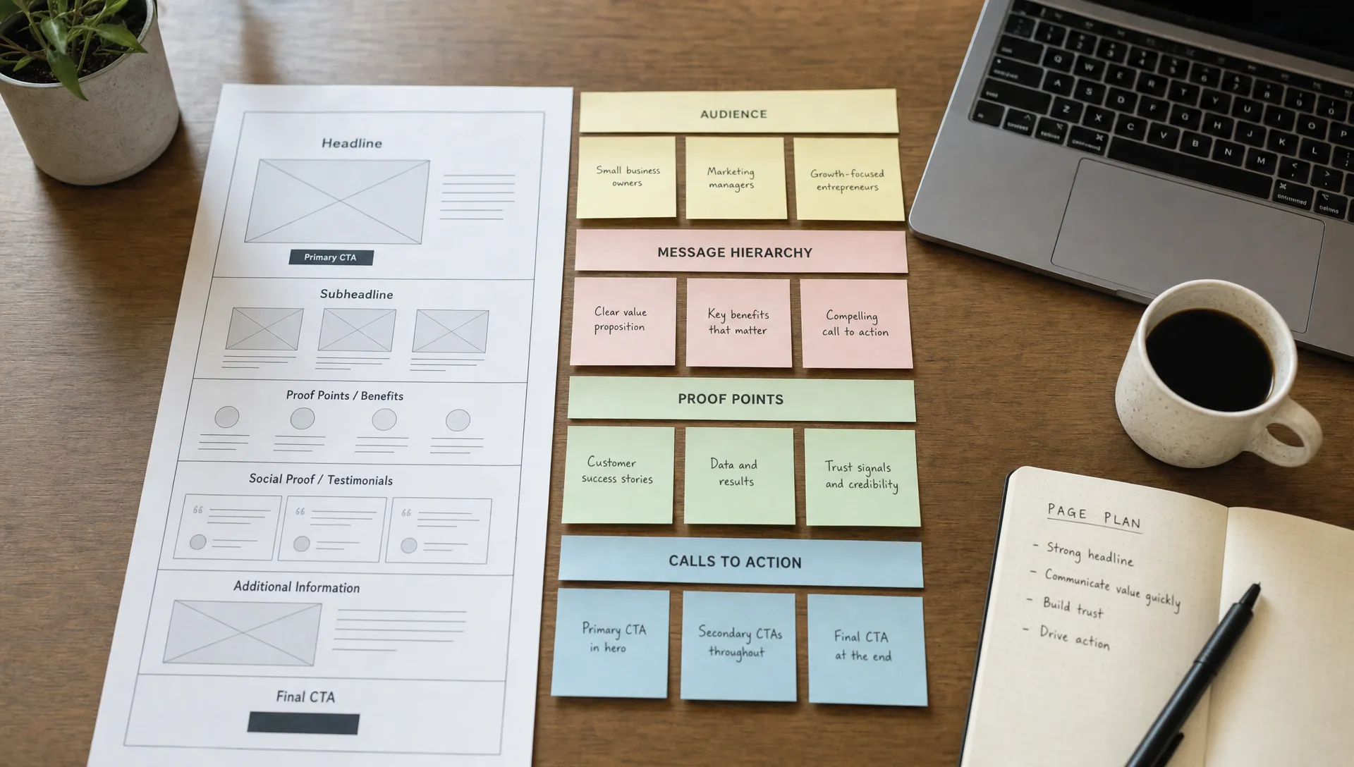 Des plans de pages imprimés et des notes autocollantes sur l’audience, la hiérarchie des messages, les preuves et les appels à l’action sont disposés à côté d’un ordinateur portable dans un espace de planification.