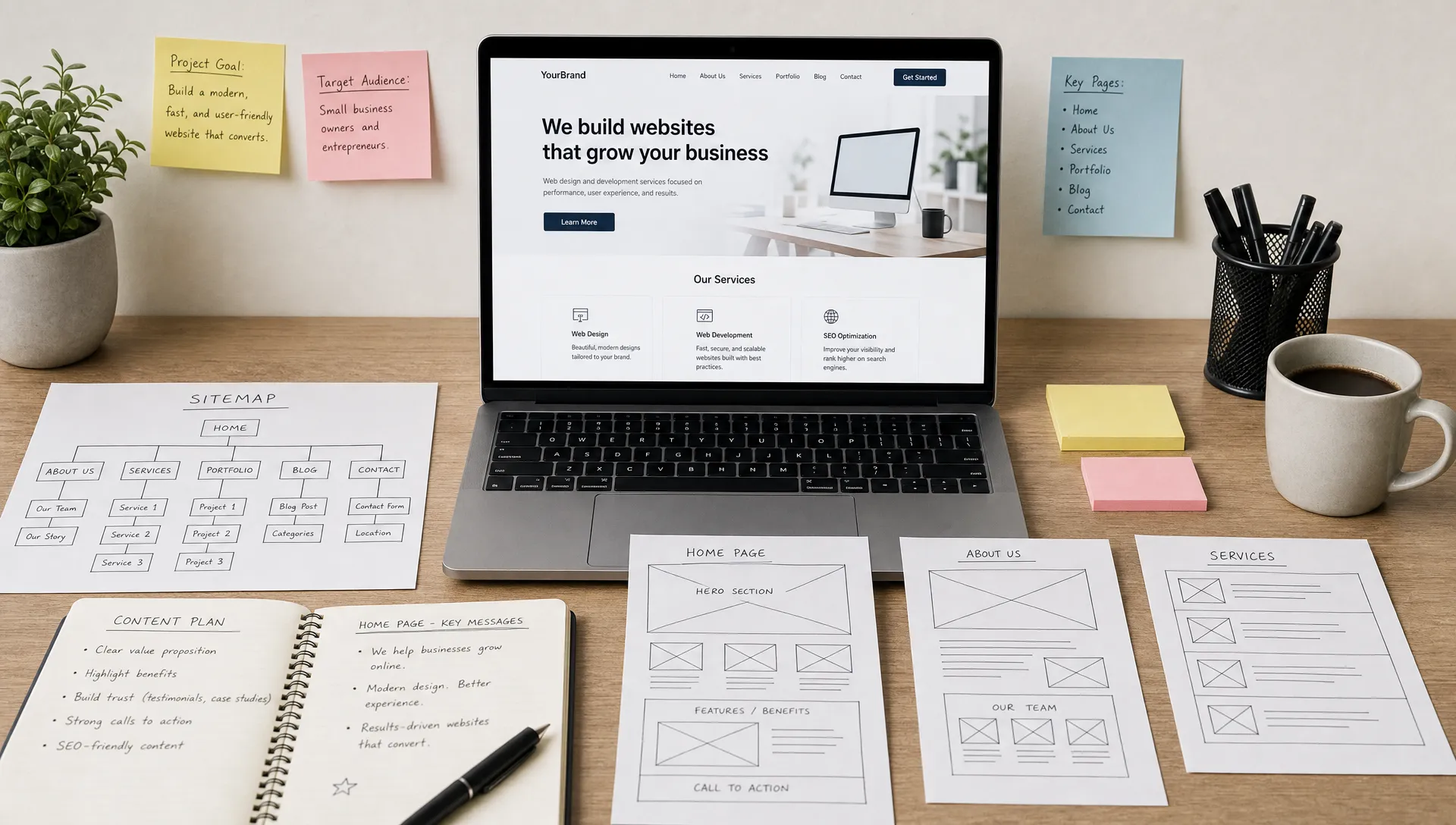 A website planning desk with sitemap cards, wireframe sketches, content notes, and a laptop facing forward for a website creation service.