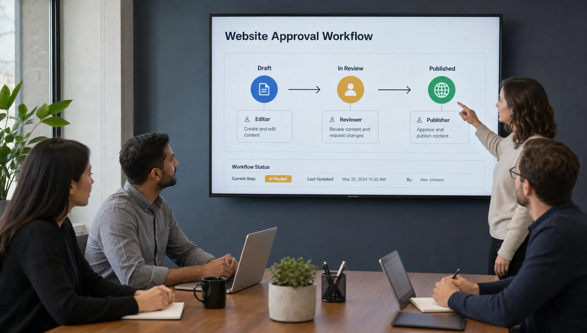 A marketing team reviews a website approval workflow with editor, reviewer, and publisher roles as content moves from draft to review to publish.