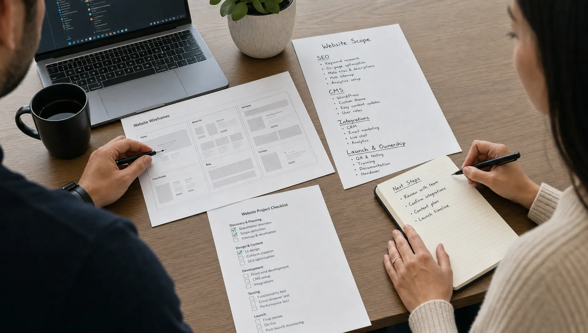 Deux professionnels examinent le périmètre d’un site web sur une table de réunion, avec des notes sur le SEO, le CMS, les intégrations et la responsabilité du lancement à côté de wireframes imprimés et d’une liste de contrôle.