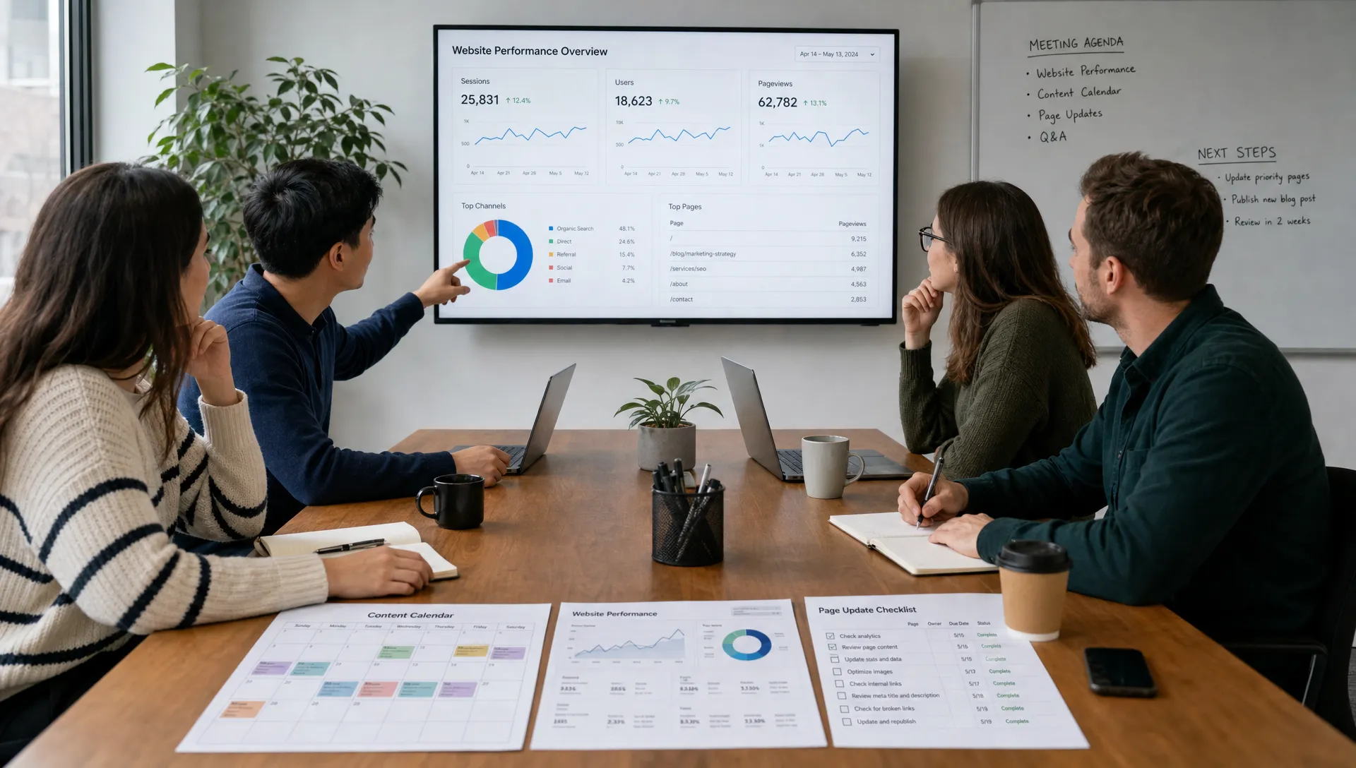 A marketing team reviews a website performance dashboard, content calendar, and page update checklist at a meeting table.