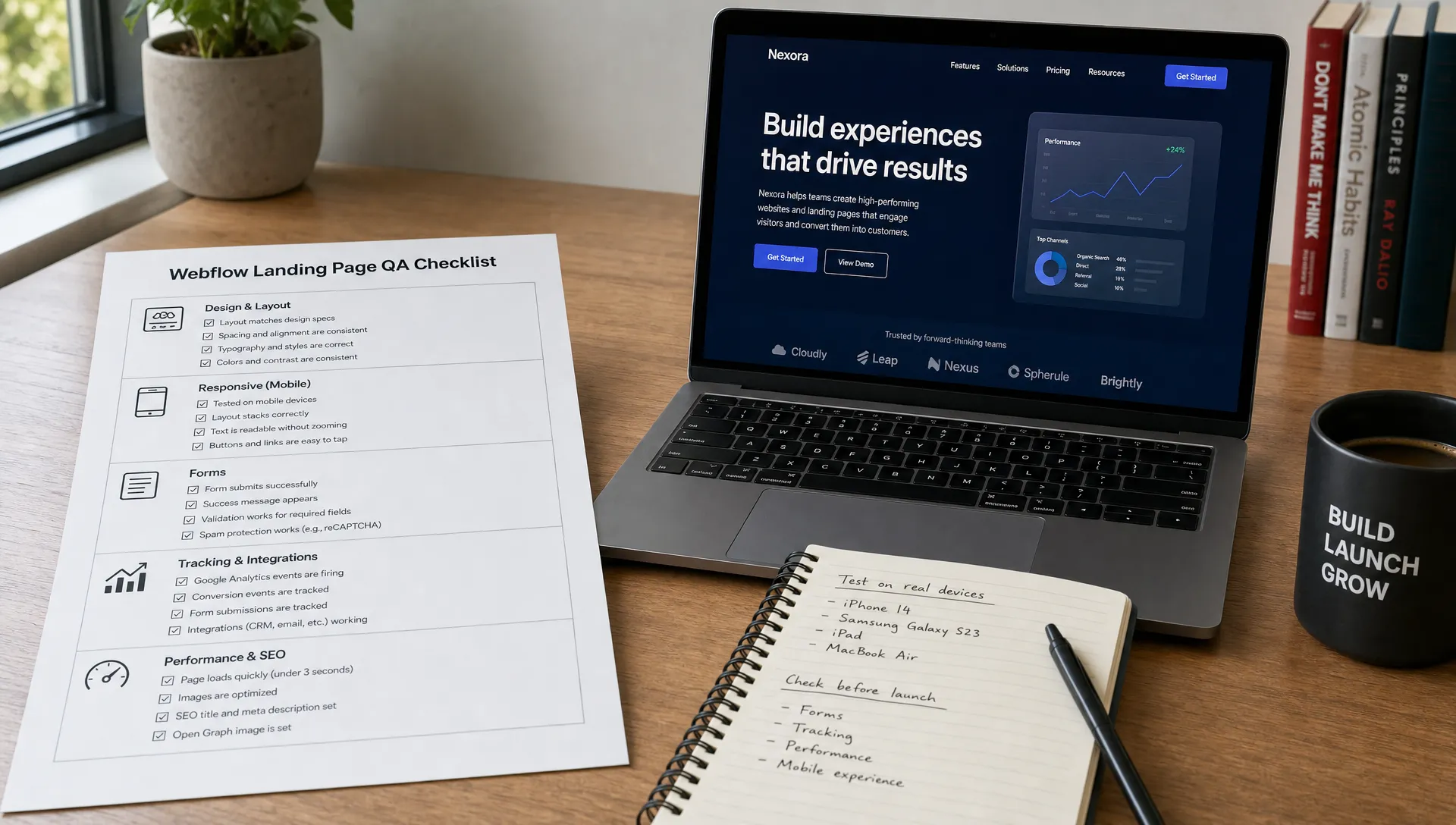 A desk setup shows a Webflow landing page QA checklist beside a laptop preview, with notes for mobile, forms, tracking, and performance.