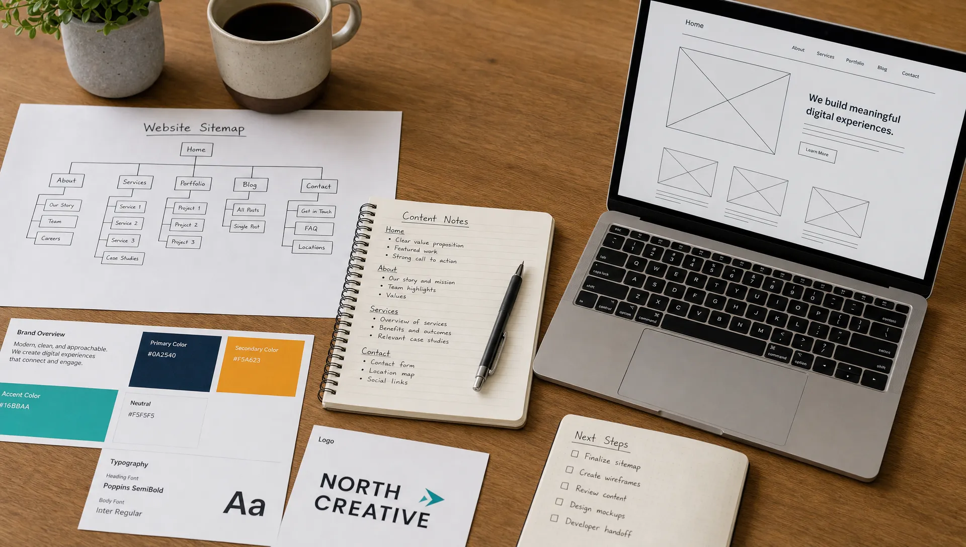 A website planning table with sitemap pages, content notes, brand cards and an open laptop showing a wireframe on its screen.