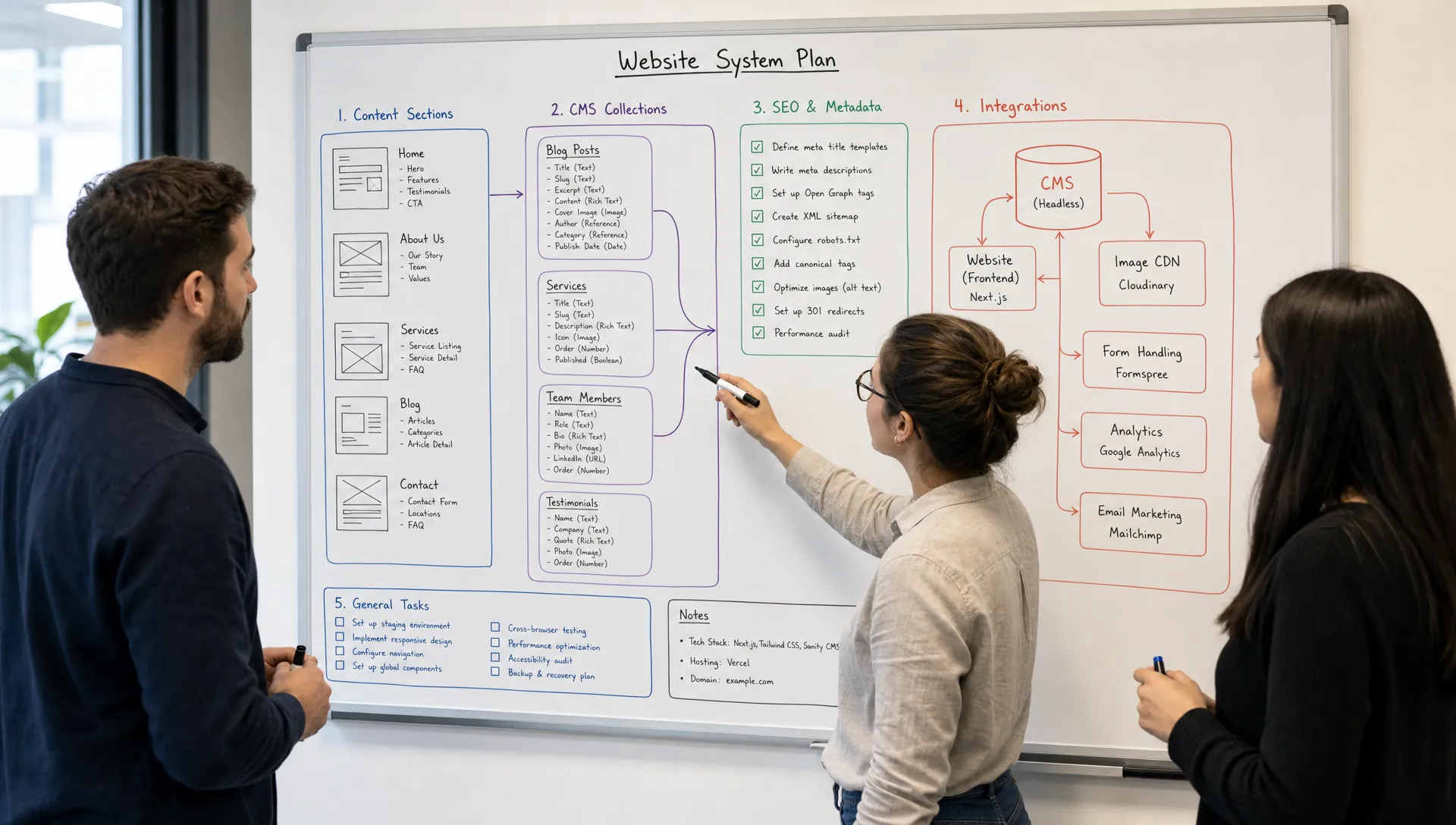 A team planning a website system on a whiteboard with content sections, CMS collections, SEO tasks, and integration flows grouped by function.