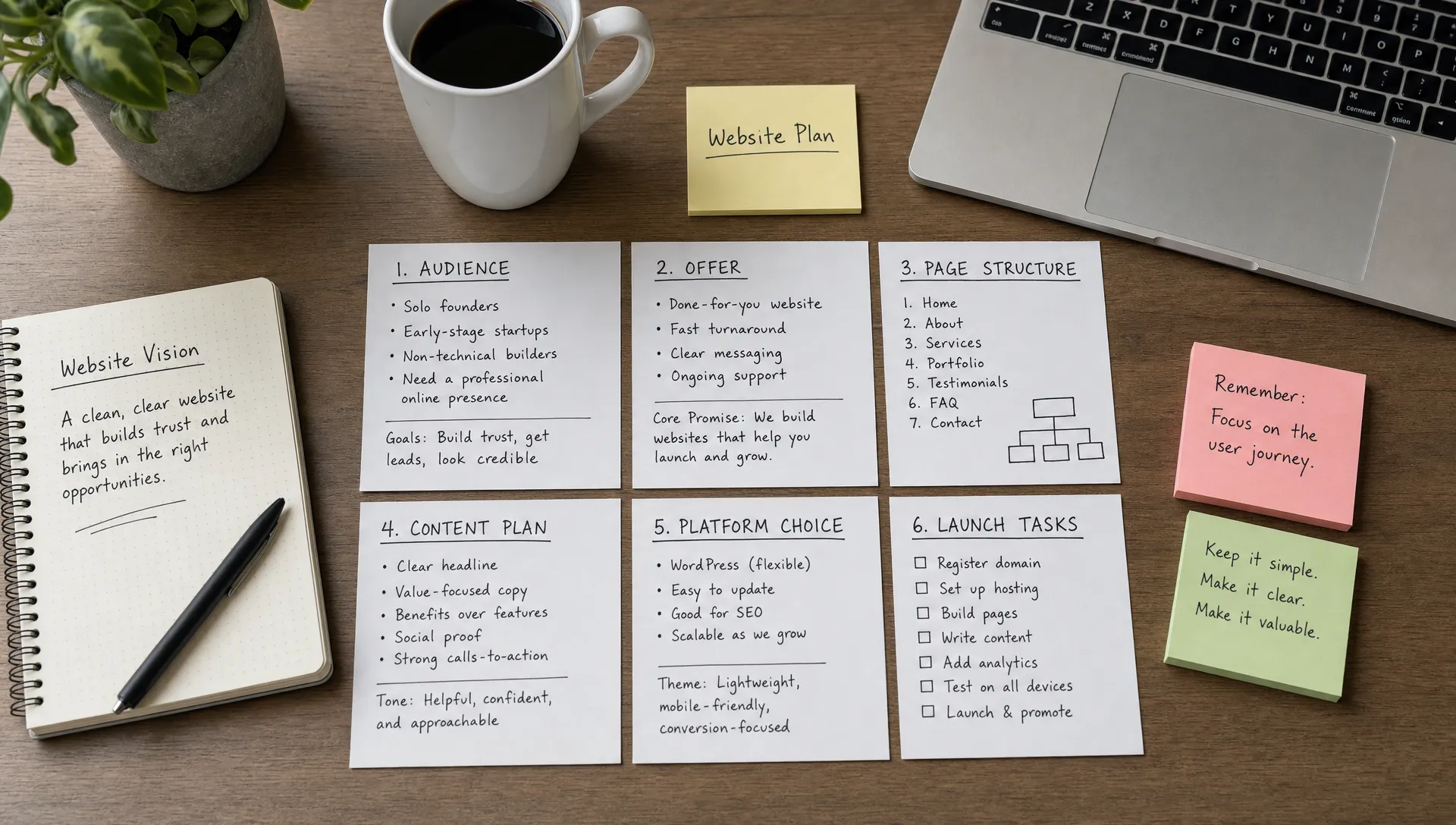 A founder's website planning workspace with notes for audience, offer, page structure, content, platform choice and launch tasks arranged on a table.