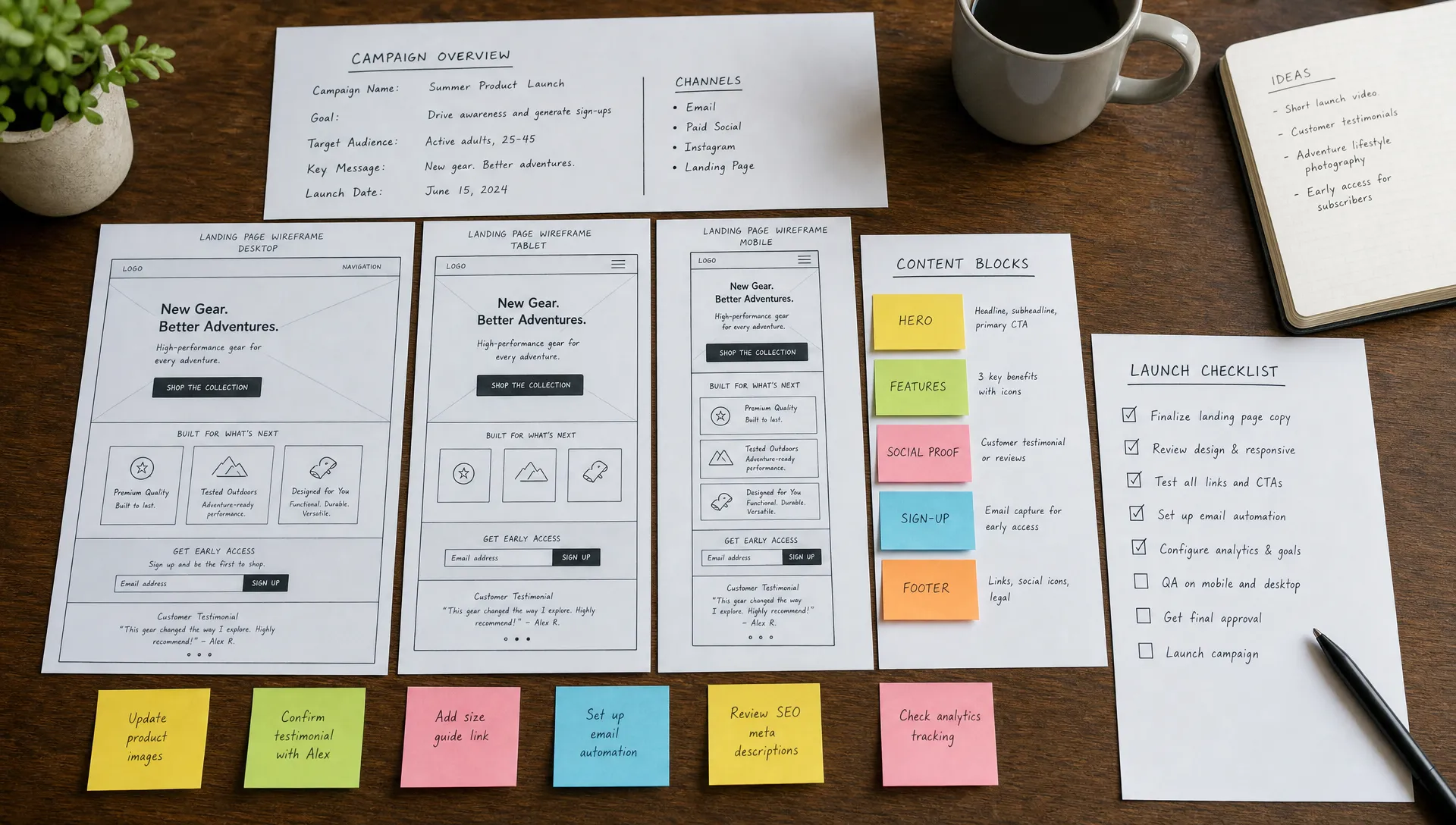 A campaign planning table with landing page wireframes, content blocks, sticky notes, and a launch checklist laid out for review.
