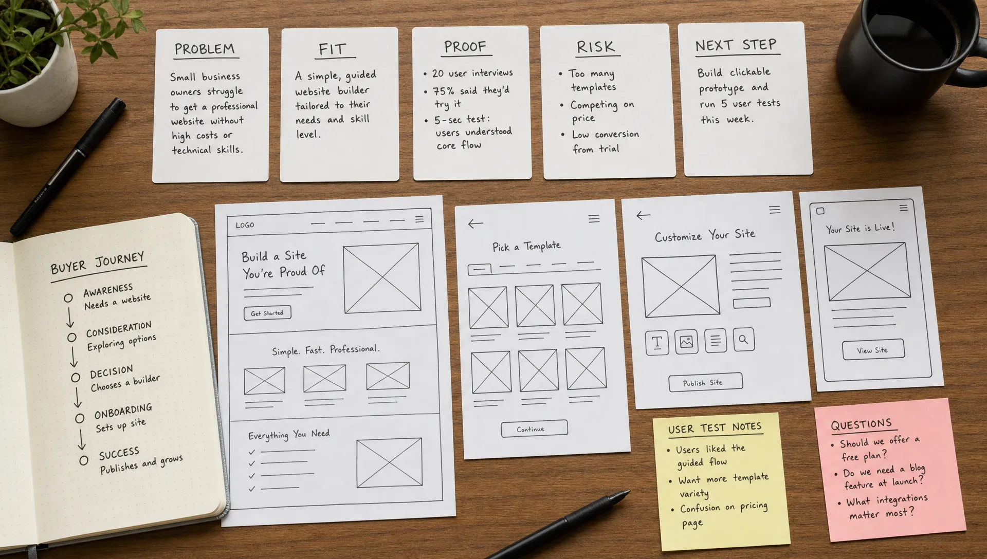 A website planning workspace with cards for problem, fit, proof, risk and next step beside wireframe sketches and buyer journey notes.