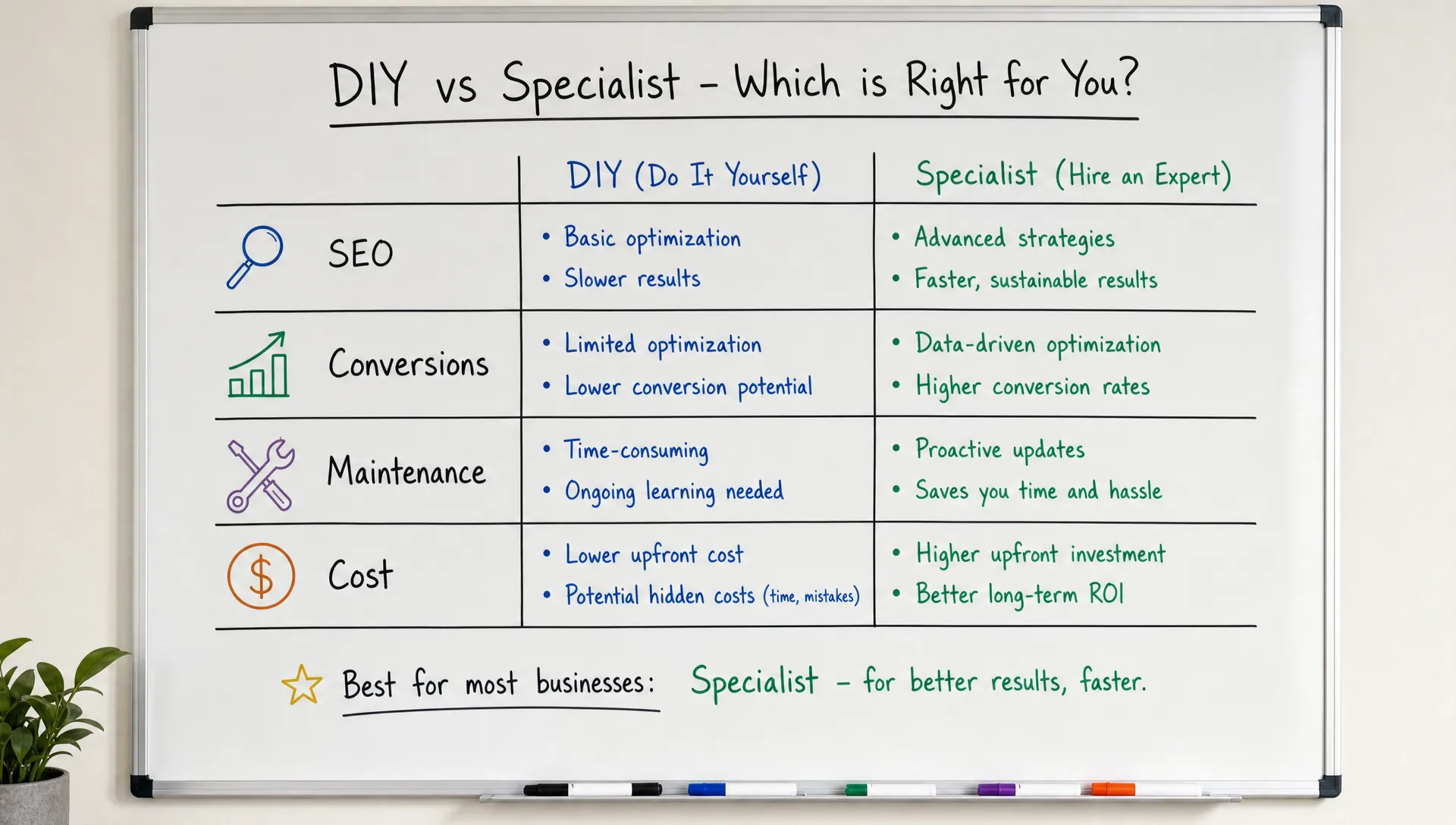 Une matrice de décision pour un site web d’entreprise sur un tableau blanc compare les options DIY et spécialiste selon le SEO, les conversions et la maintenance.