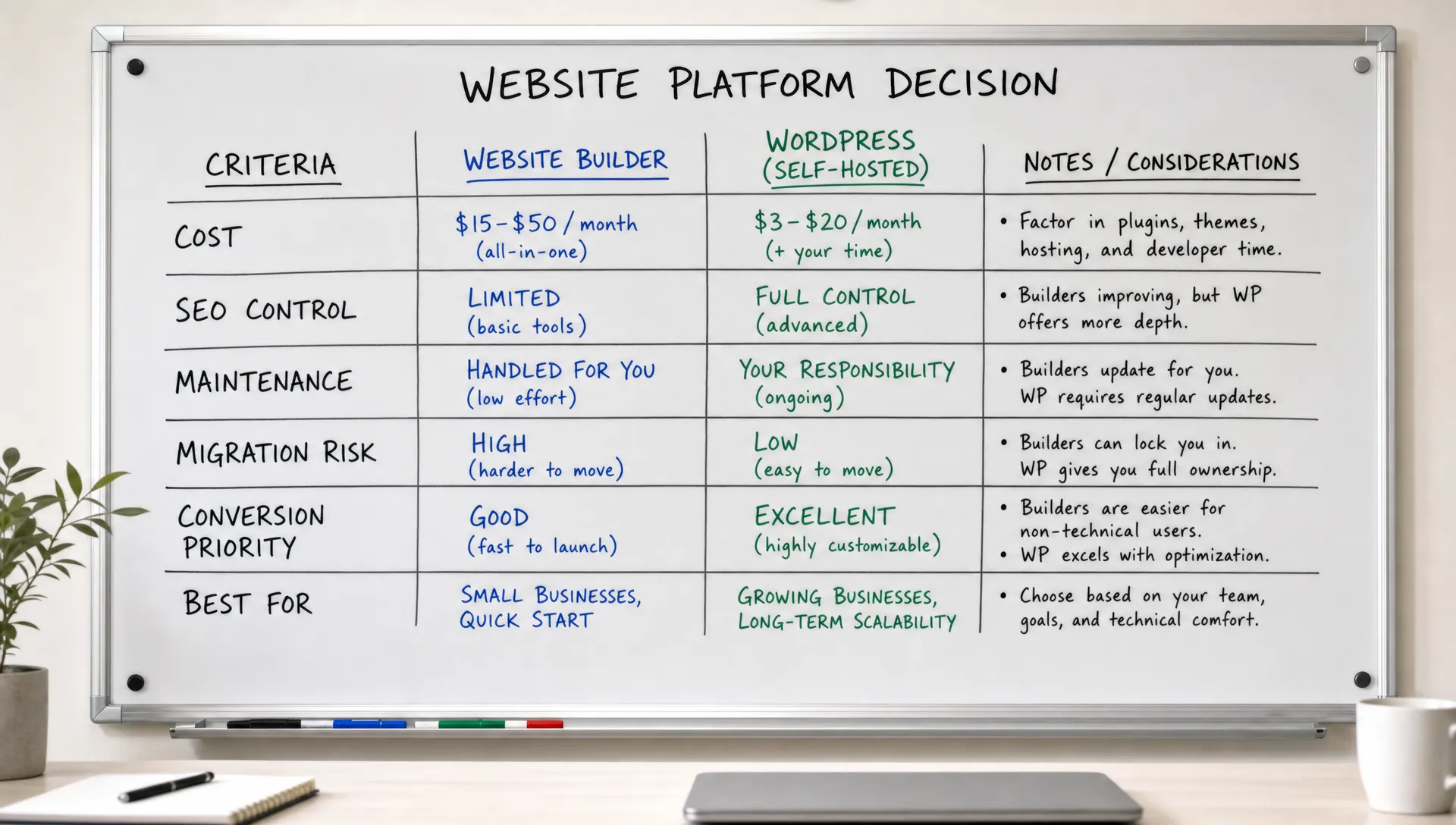 A planning board compares website builder cost, SEO control, maintenance, migration risk, and conversion priorities for a business website.