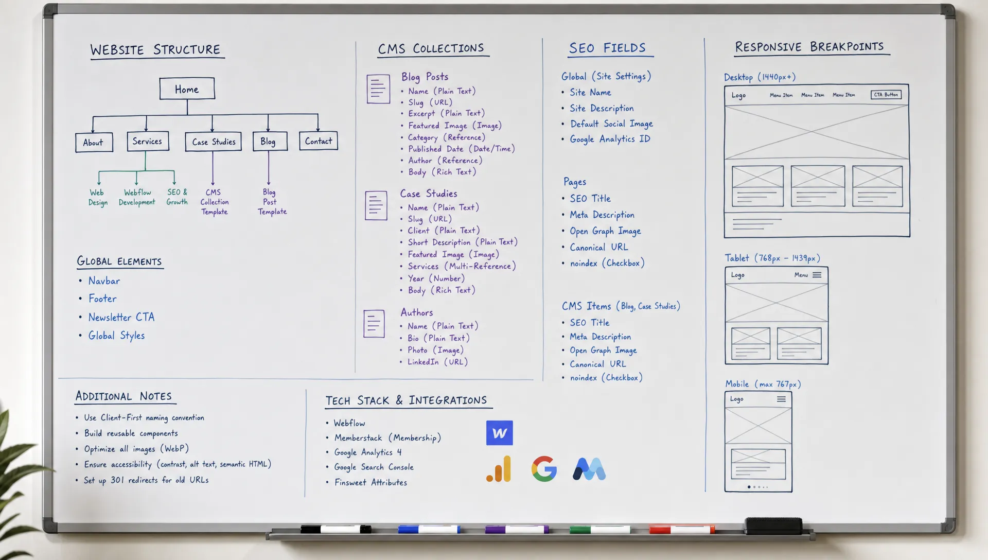 Un tableau de planification présentant la structure du site web, les collections CMS, les champs SEO et les points de rupture responsive pour un projet Webflow.