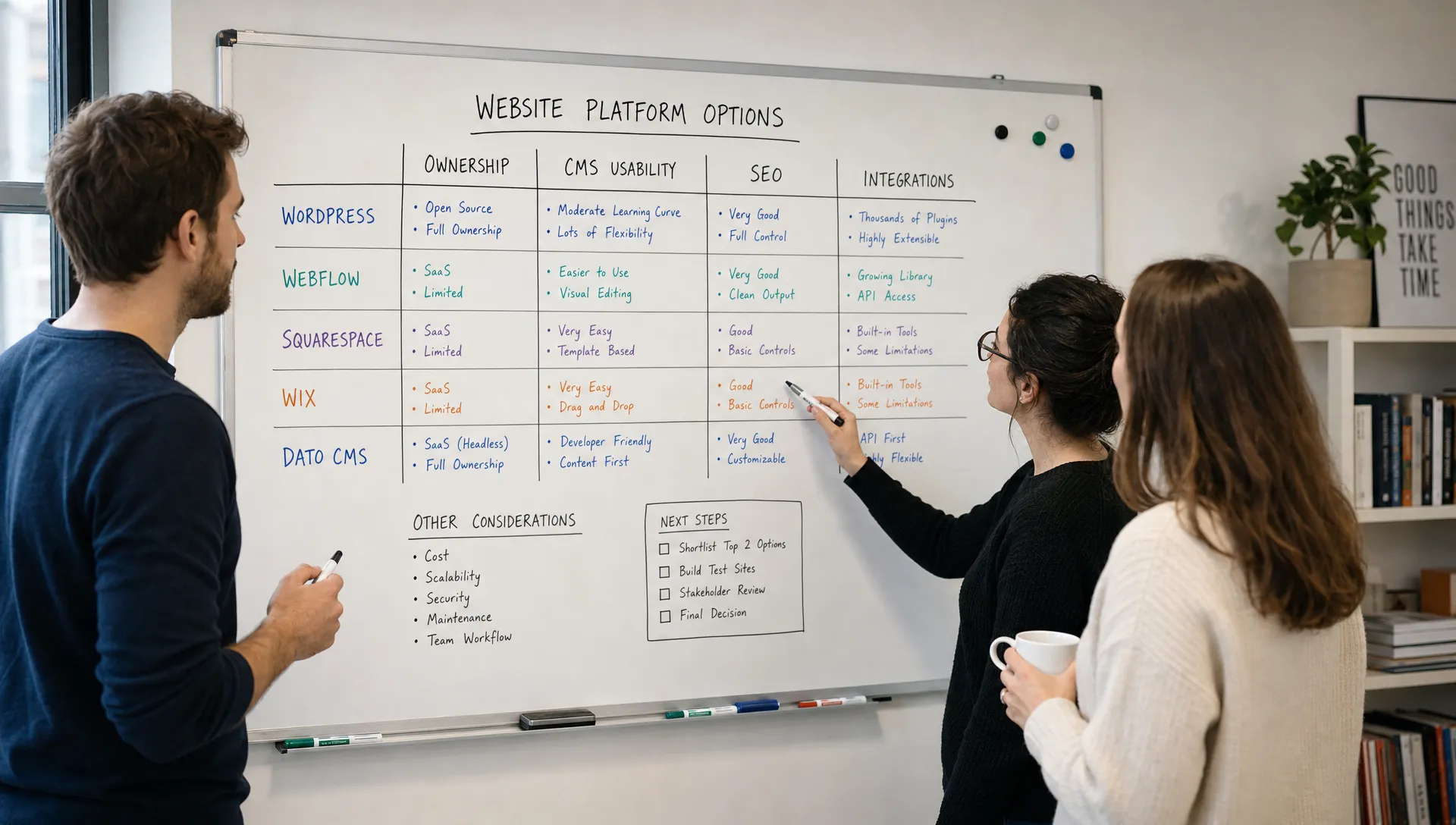 A marketing team reviews website software options on a whiteboard with columns for ownership, CMS usability, SEO, and integrations.