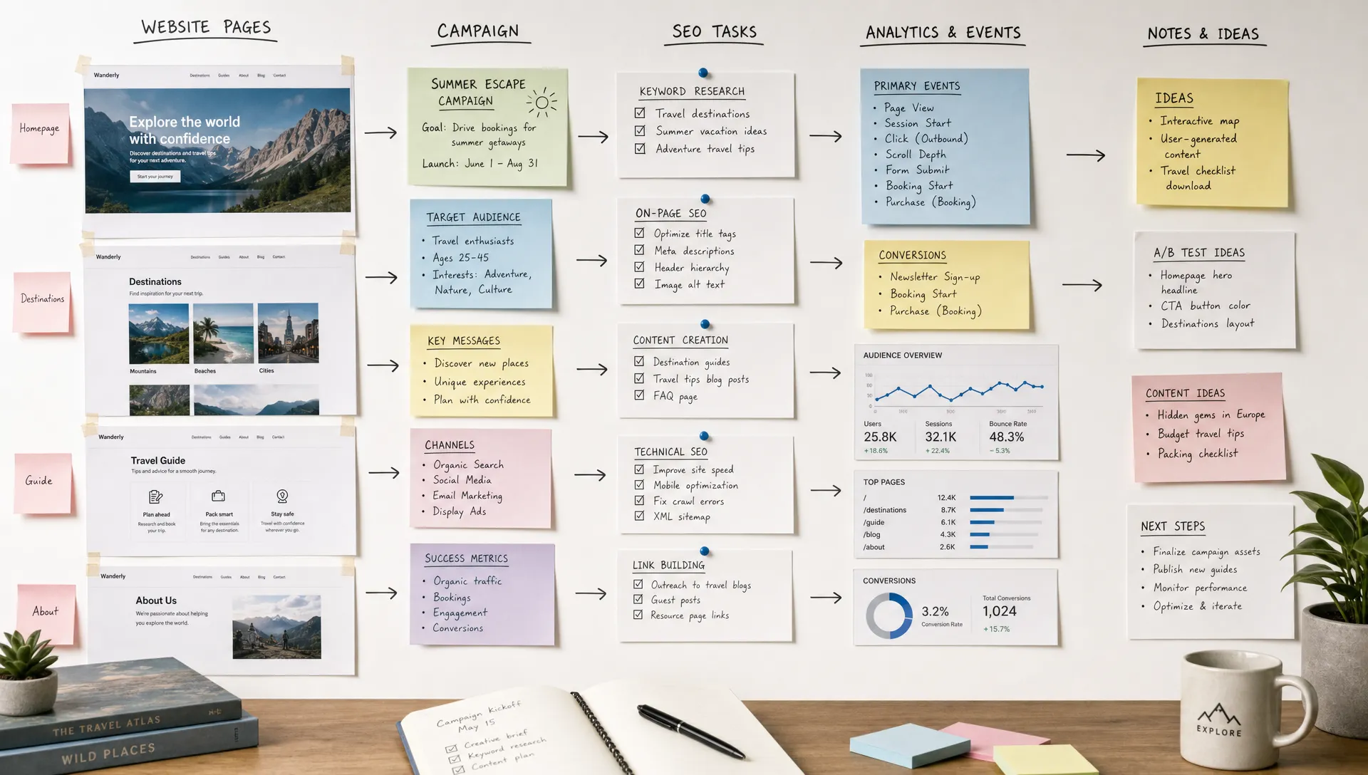 A workshop wall shows website pages, campaign notes, SEO tasks, and analytics events arranged as one connected workflow.