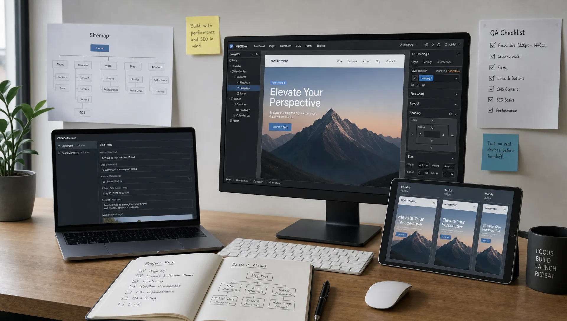 A Webflow development desk with a structured sitemap, CMS content model, responsive page previews, and QA notes.