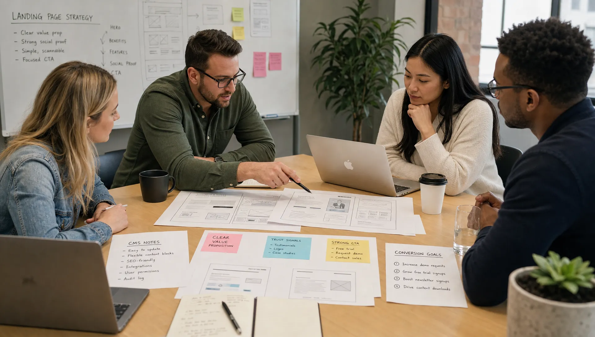 Une équipe marketing B2B examine des croquis de pages, des notes CMS et des objectifs de conversion sur une table de réunion.