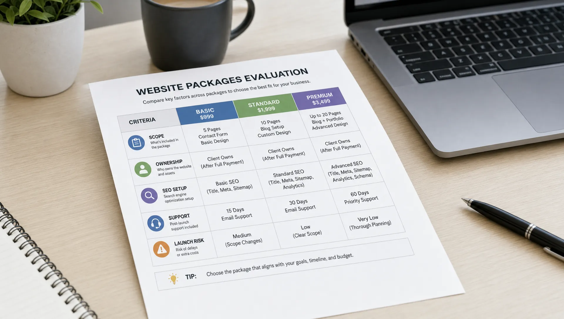 Une fiche d’évaluation imprimée compare les tarifs des forfaits de création de site web selon le périmètre, la propriété, la configuration SEO, l’assistance et le risque de lancement, à côté d’un ordinateur portable sur un bureau épuré.