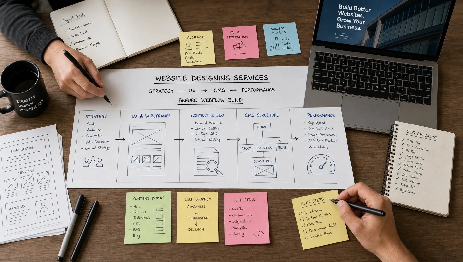 Une table d’atelier avec des wireframes, des blocs de contenu et des notes SEO montrant comment les services de conception de sites web relient stratégie, UX, CMS et performance avant un développement Webflow.