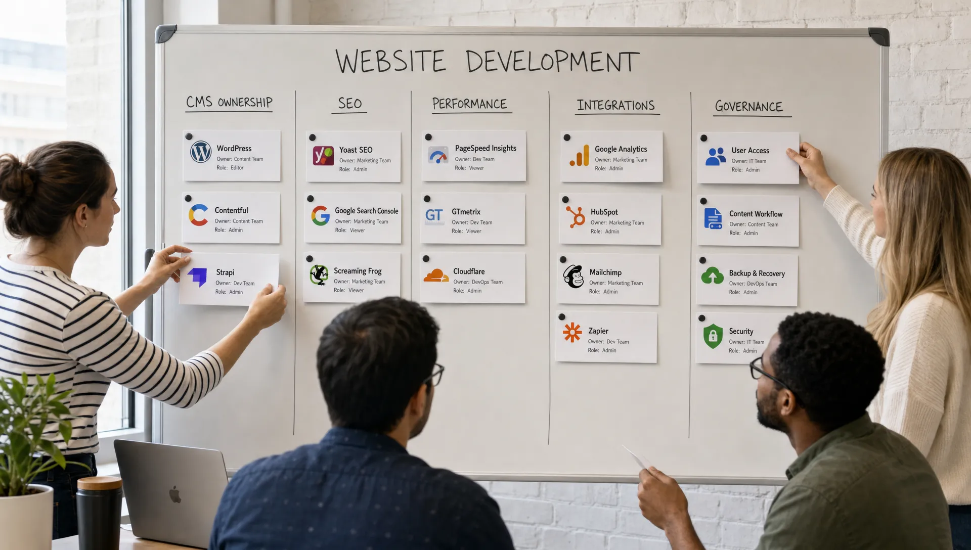 Une équipe organise des cartes de logiciels de développement de site web pour la gestion du CMS, le SEO, les performances, les intégrations et la gouvernance.