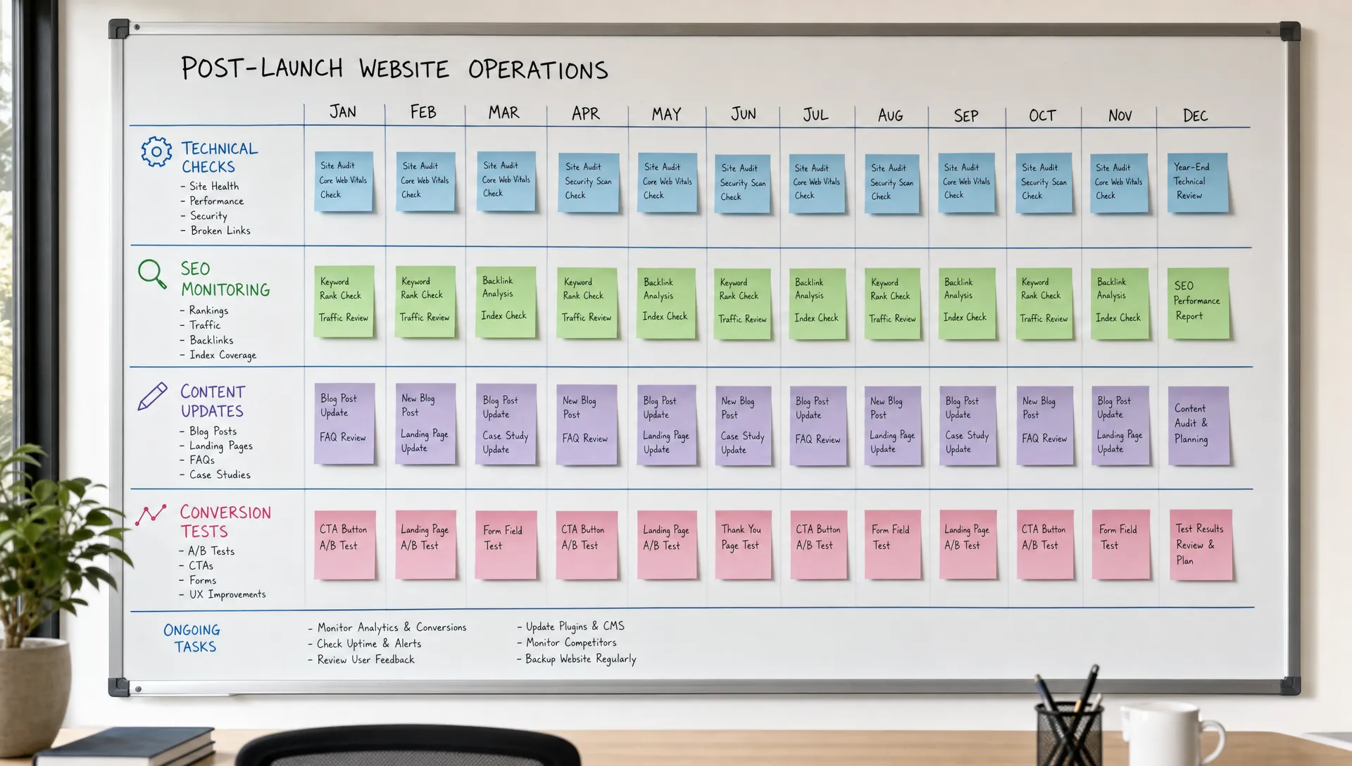 A post-launch website operations board shows technical checks, SEO monitoring, content updates, and conversion tests organized by month.