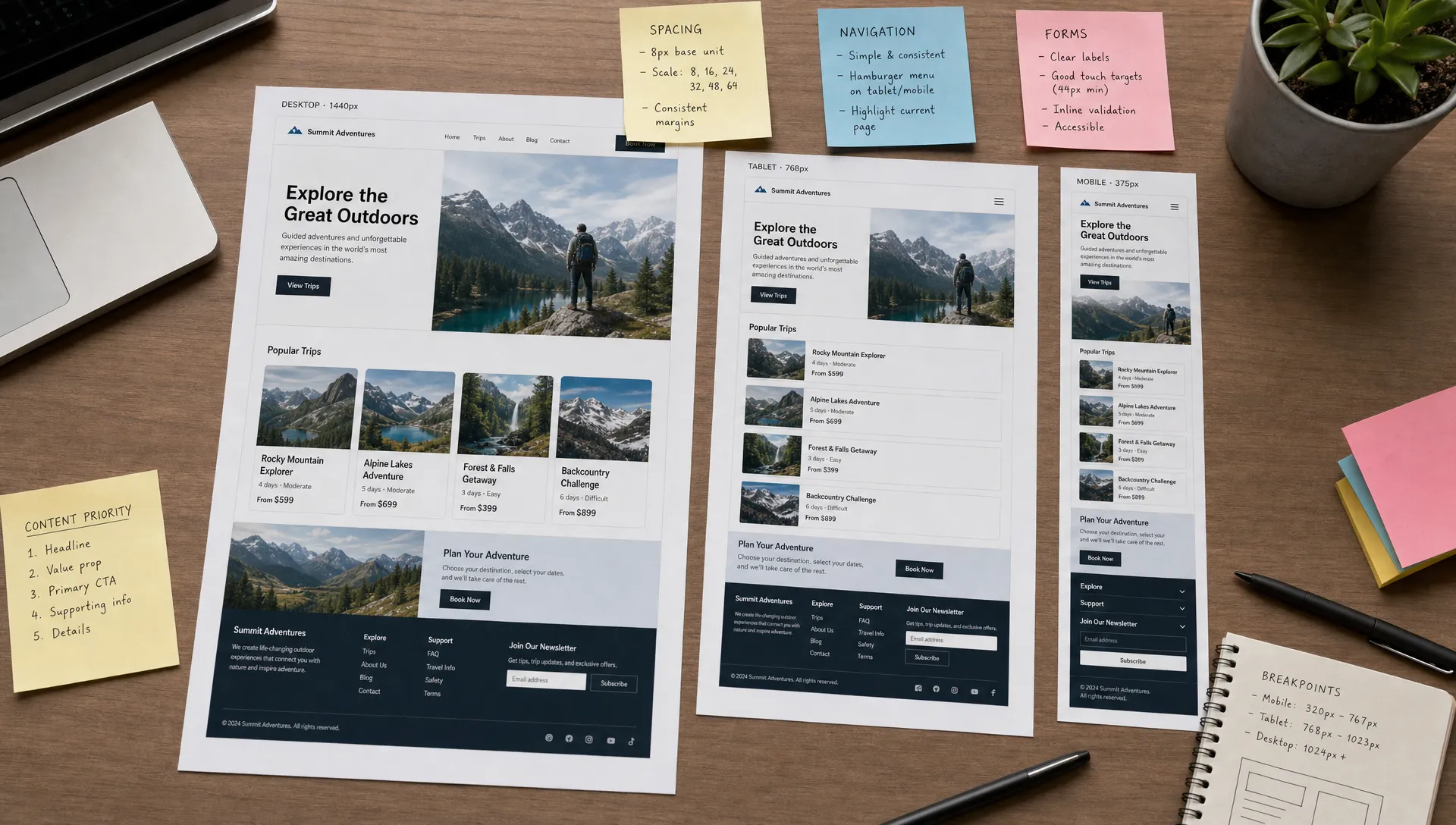 Printed layouts for desktop, tablet and mobile pages sit on a desk with notes about spacing, navigation, forms and content priority across breakpoints.