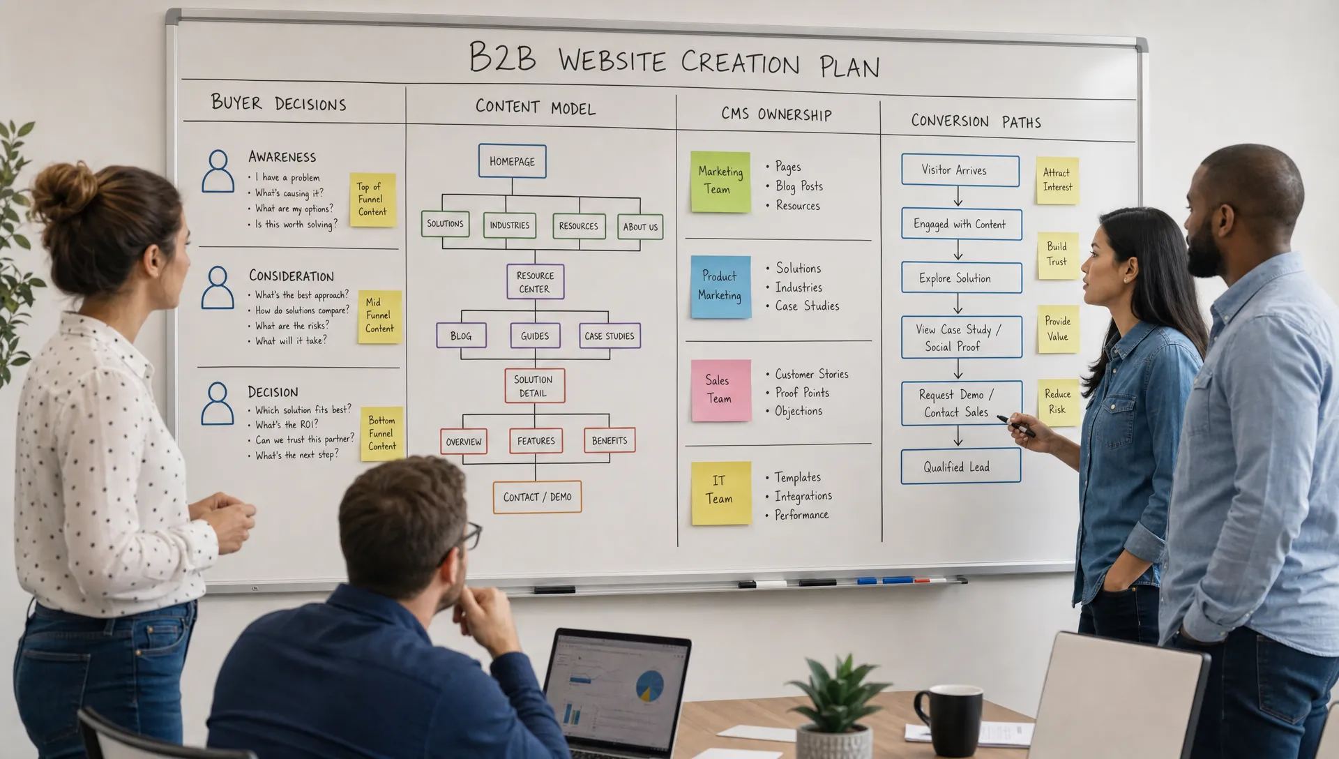 A B2B marketing team reviews a web creation planning board with buyer decisions, content model, CMS ownership, and conversion paths.