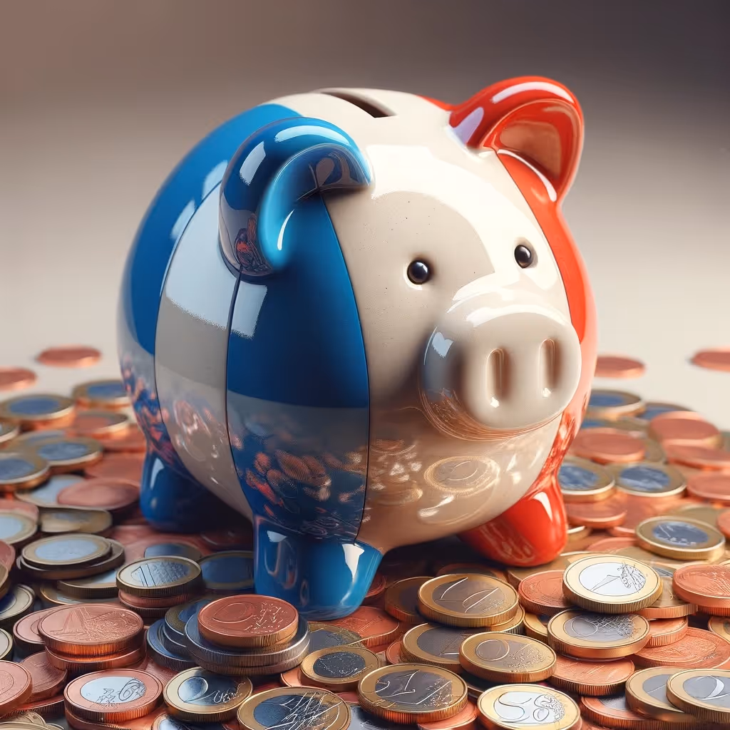 piggy bank with colors of the french flag and euros coins around it