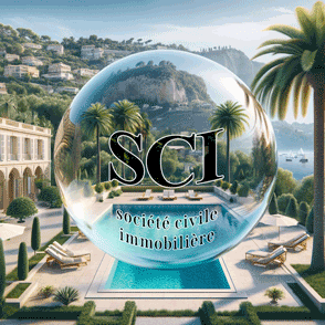 villa d'ultra-luxe avec vue mer sur la Côte d'Azur, avec une bulle écrit "SCI" à l'intérieur