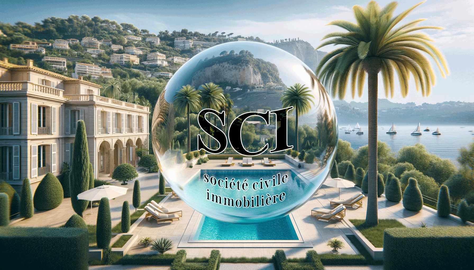 villa d'ultra-luxe avec vue mer sur la Côte d'Azur, avec une bulle écrit "SCI" à l'intérieur