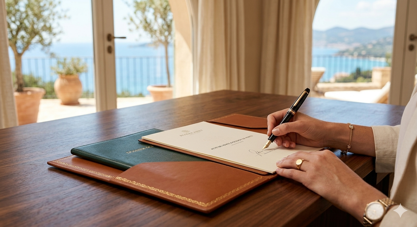 Signing a notarial deed for a Société Civile Immobilière (SCI) at a luxury villa on the French Riviera with sea view