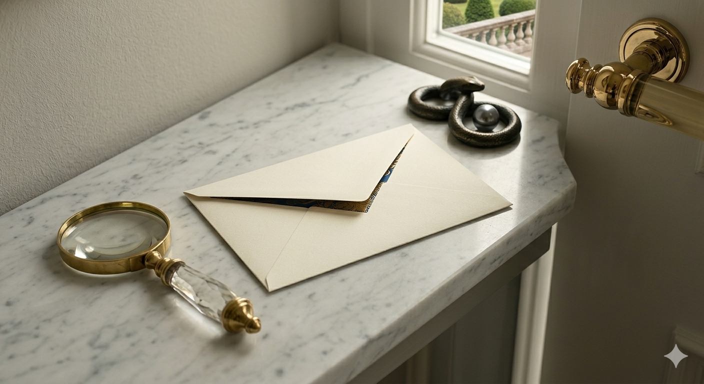 French wealth tax IFI compliance — official envelope and magnifying glass on a marble console at a luxury French Riviera property