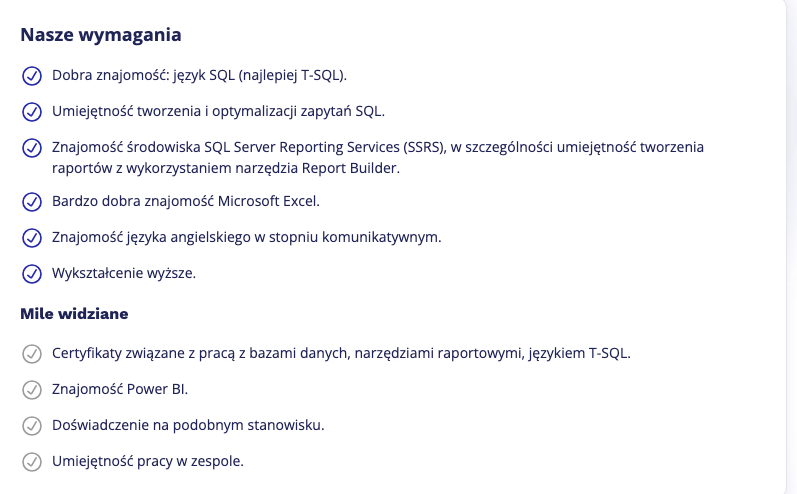 Przykładowe wymagania z oferty pracy na stanowisko analityka danych