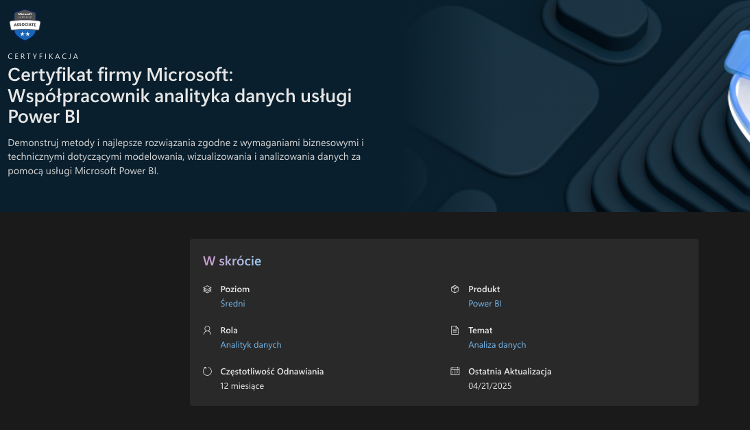 Certyfikat firmy Microsoft Power BI