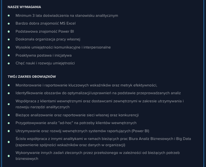 Przykładowe wymagania z oferty pracy na stanowisko analityka danych w firmie Orlen Paczka