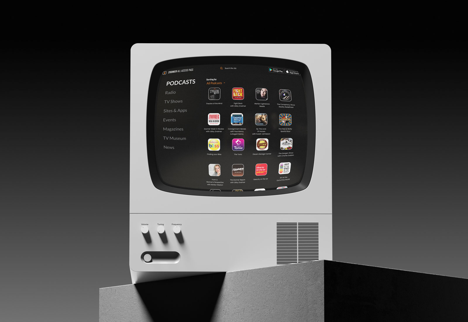 A retro small TV displays a screenshot of a podcast playlist for a media website