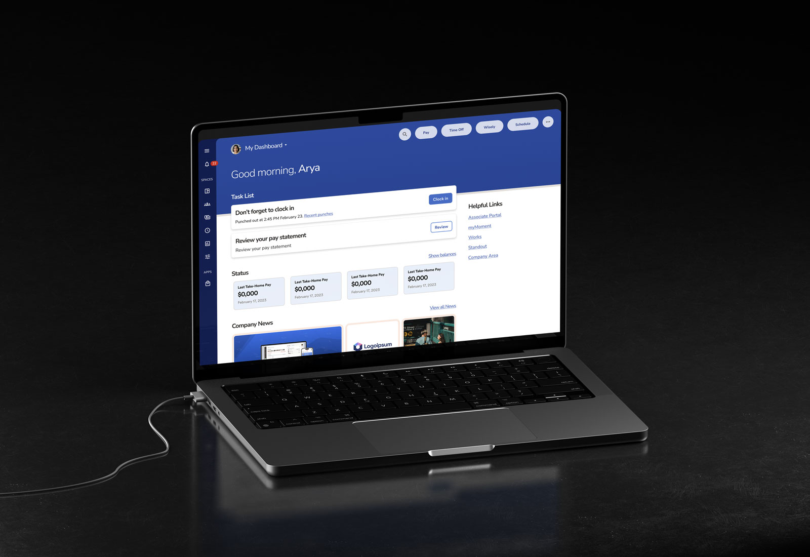 An open laptop shows a dashboard with a "Good Morning, Arya" message. The Dashboard has multiple panels and controls for managing your HR Experience at a company.