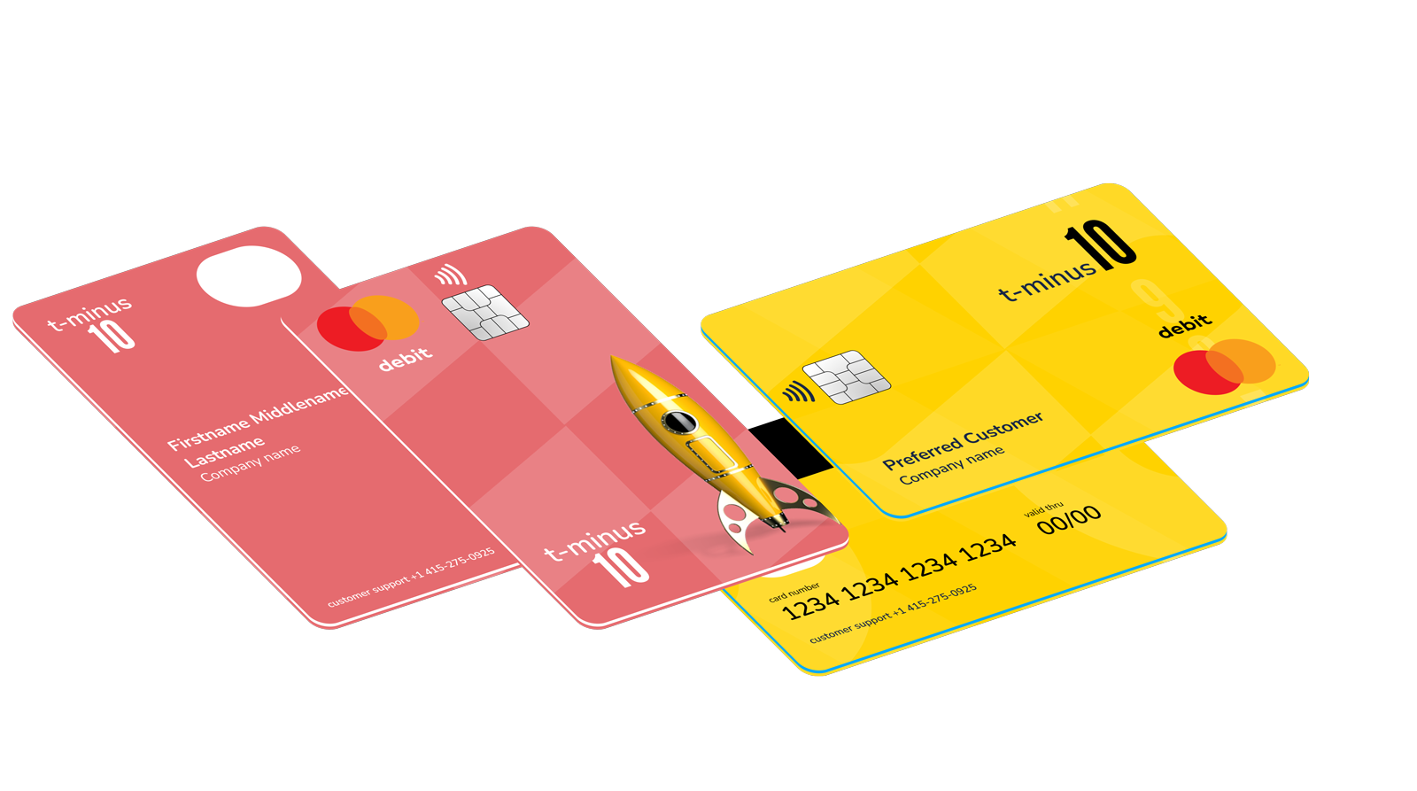Two sets of credit card designs are shown on an angle. Both are labeled t-minus10. One set is yellow and one set is pink.