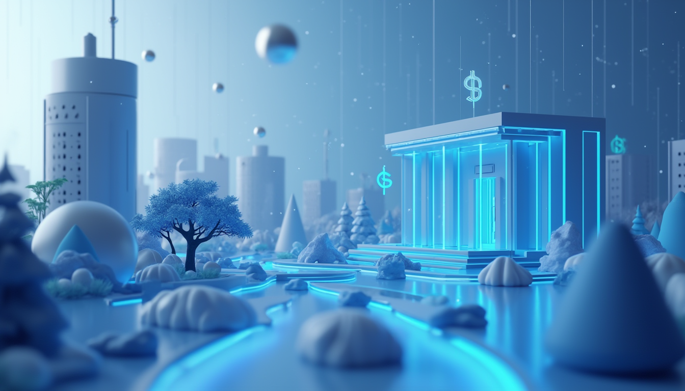 A 3D illustration of a young platform pioneering a crypto neobank, in a calm European cityscape.