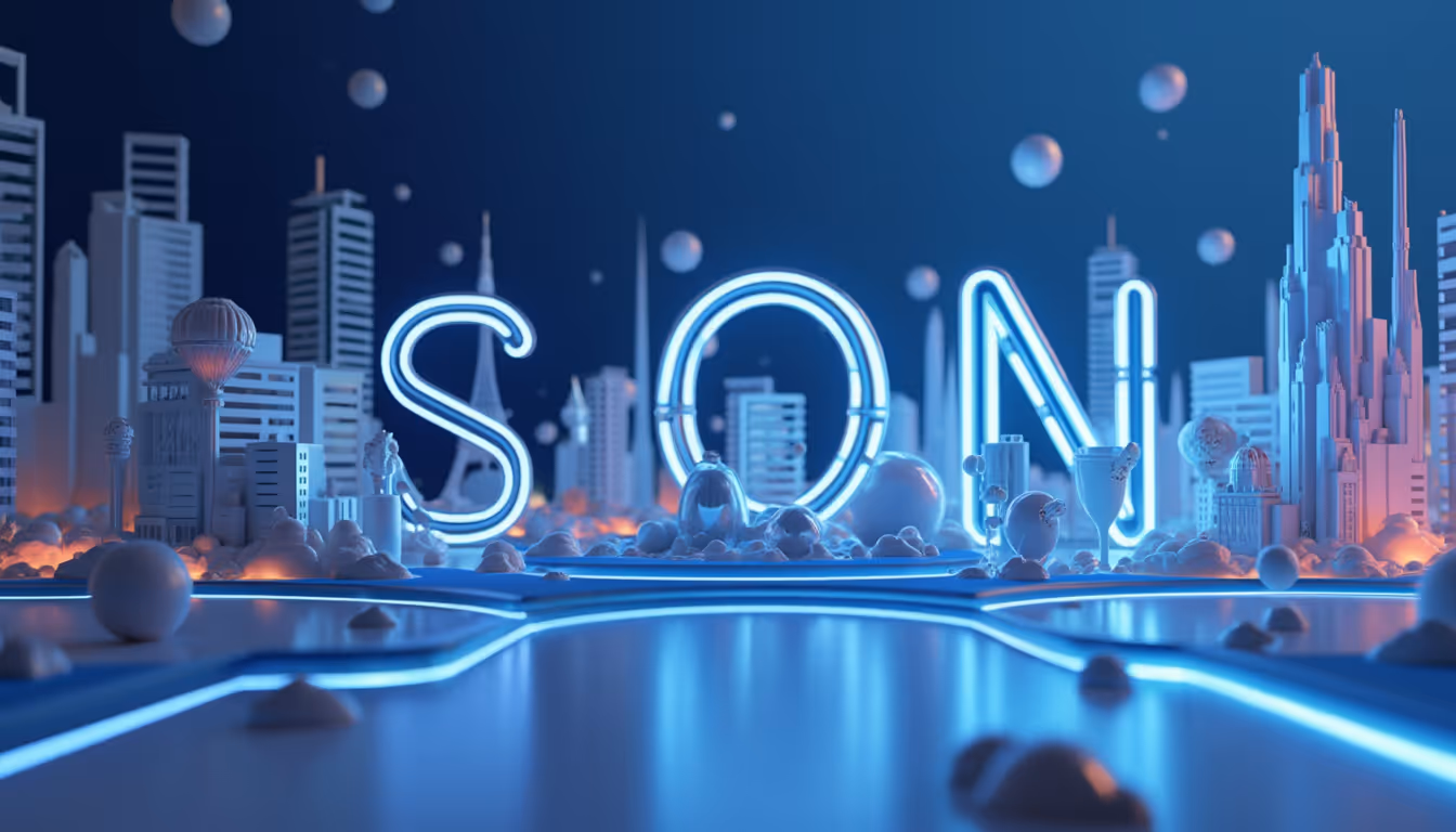 3D illustration of an urban skyline with blue and white gradient, depicting SOON airdrop for crypto.
