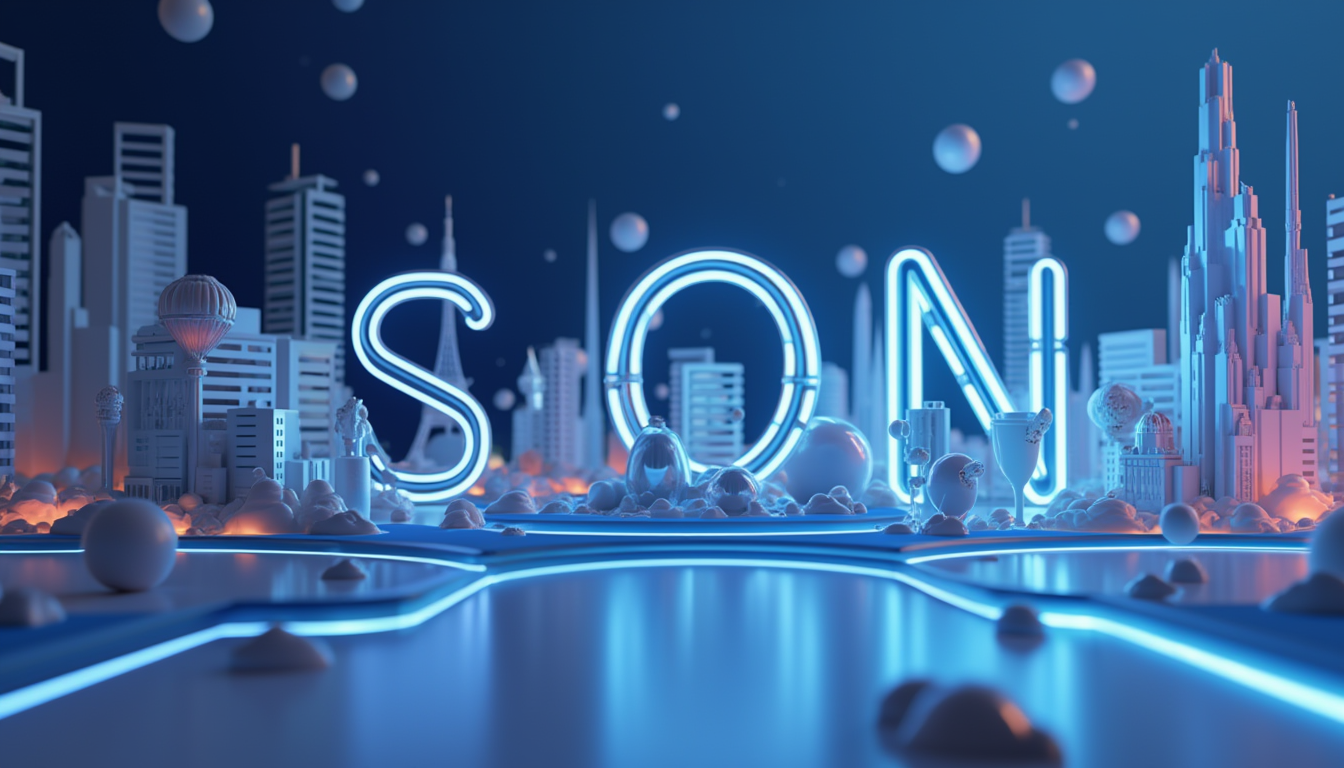 3D illustration of an urban skyline with blue and white gradient, depicting SOON airdrop for crypto.