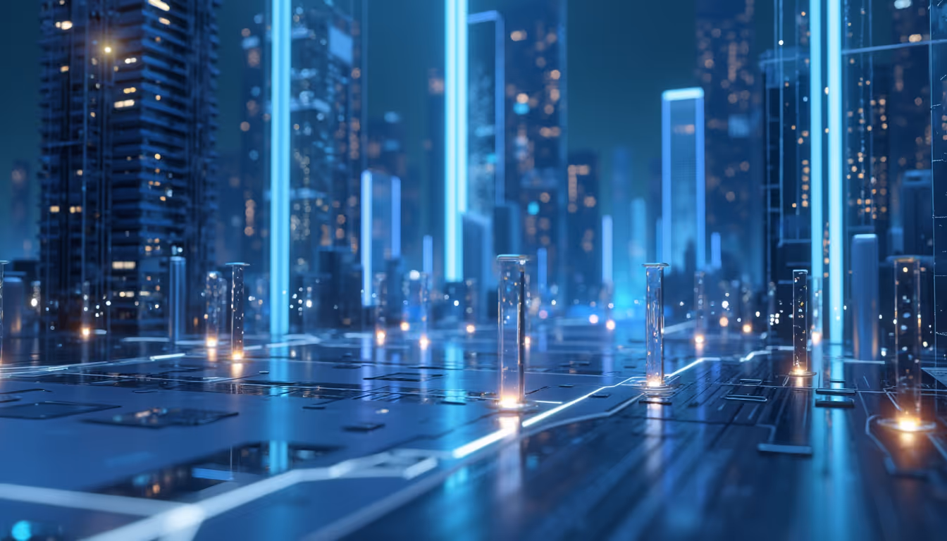 A 3D illustration depicting AI misuse in cybercrime with a calm, confident urban skyline background.