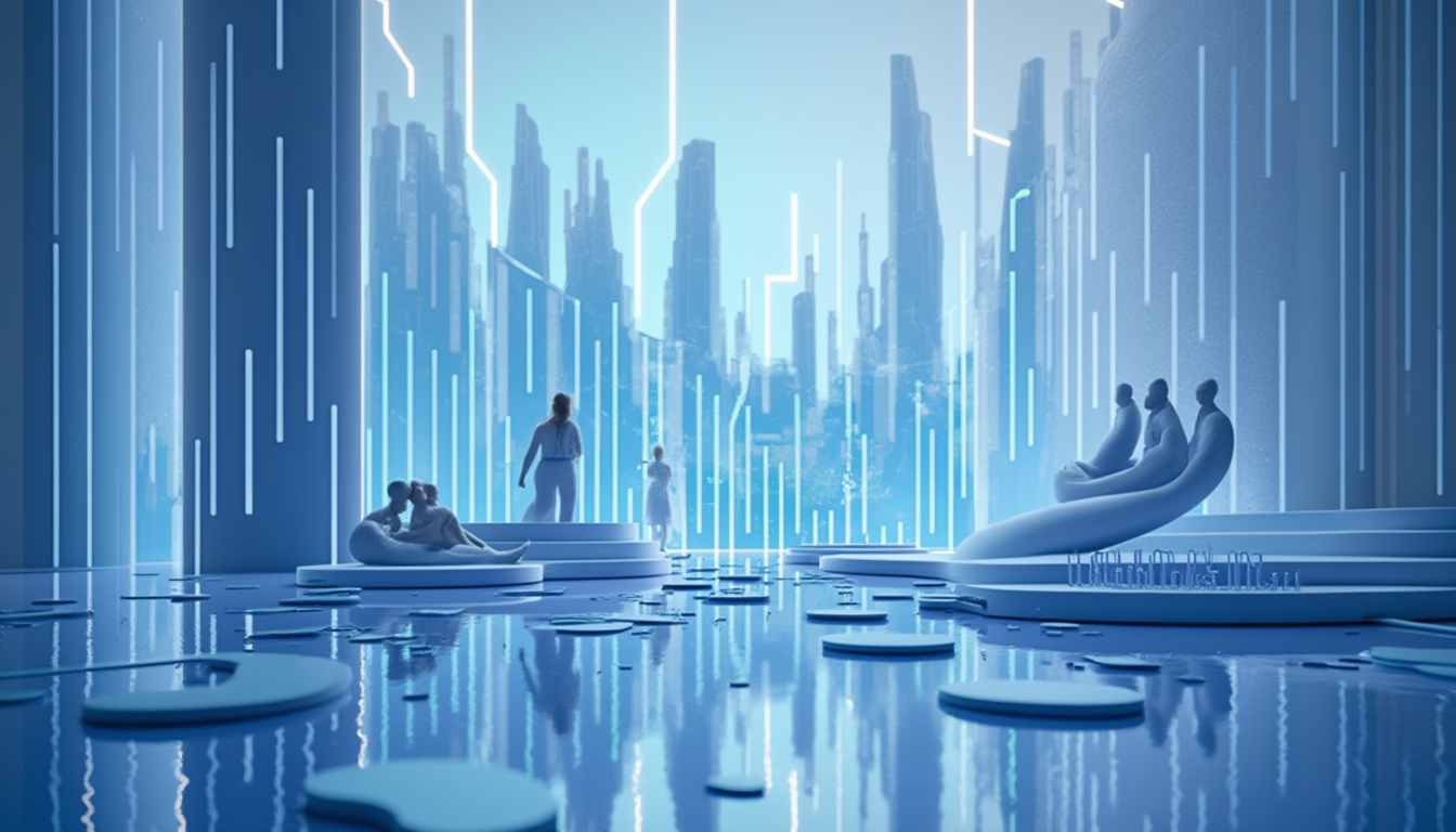 A 3D illustration depicting FutureCrest's NASDAQ IPO with a blue to white gradient background.