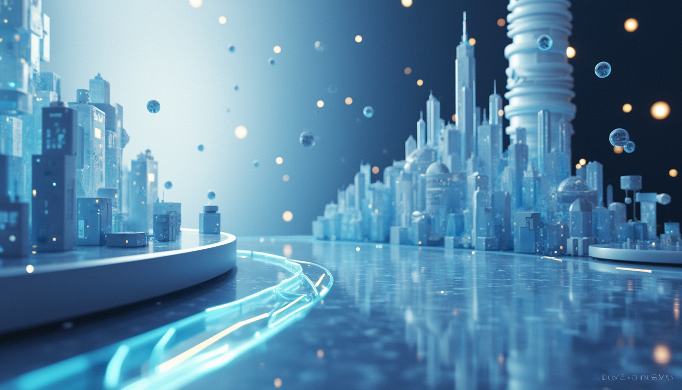 3D illustration of blockchain concepts, featuring a blue-white gradient and minimal urban elements.