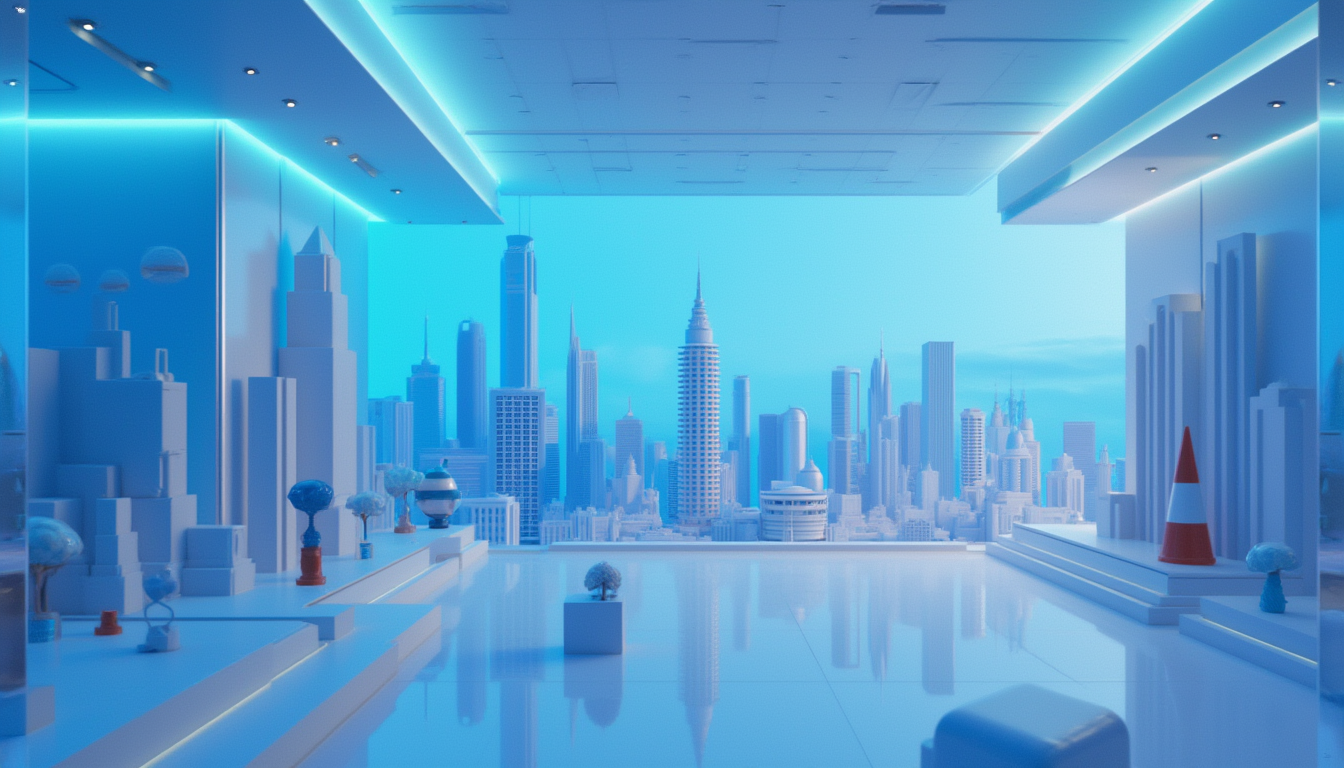 A 3D illustration of Coinbase as a financial super app with a blue to white gradient urban skyline.