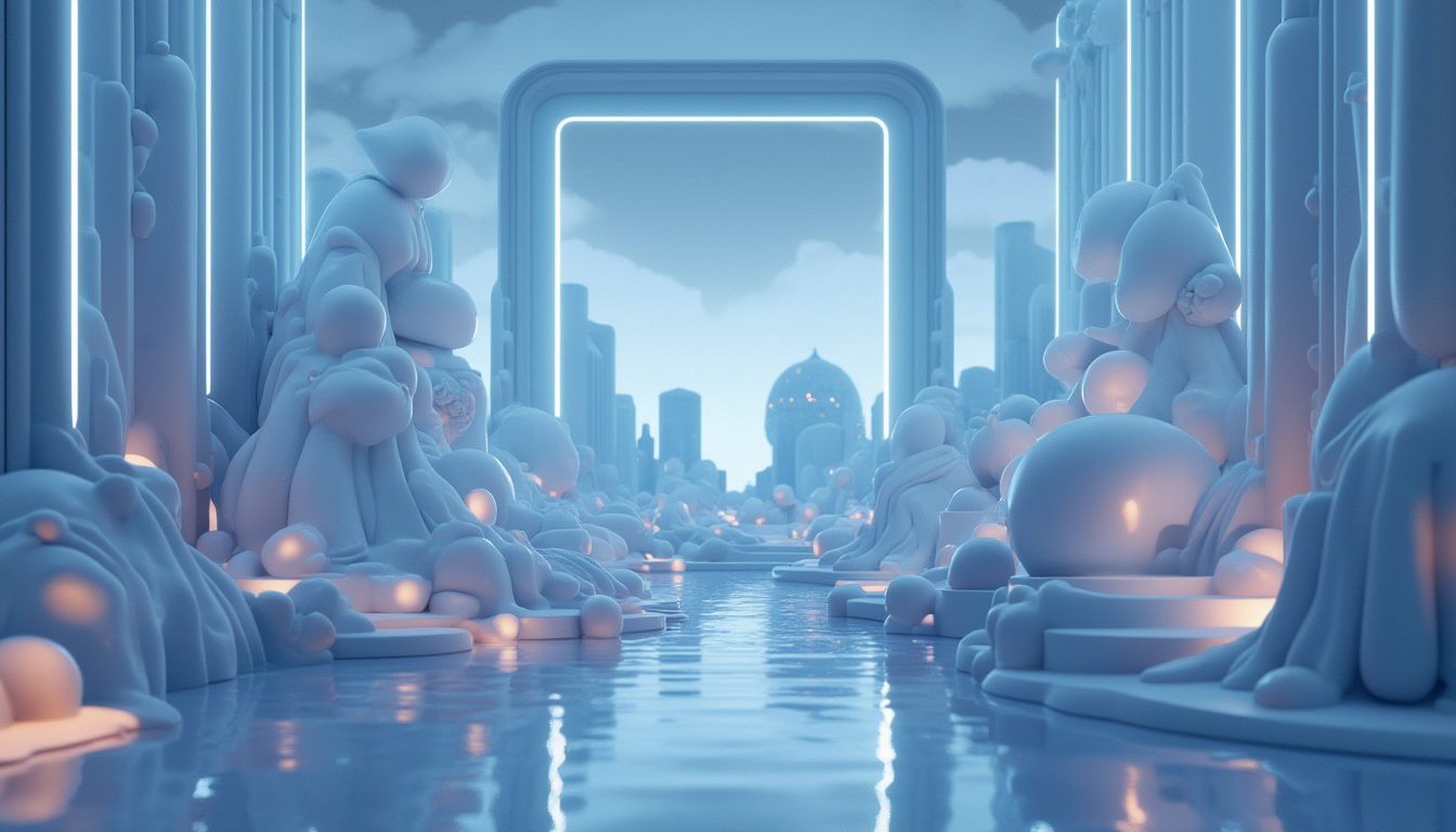 3D illustration depicting optimism in crypto market with blue-white gradient and elegant skyline.