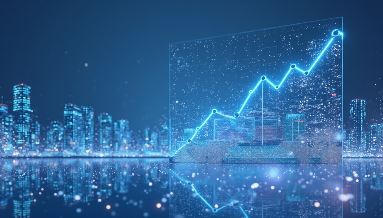 A 3D illustration showcasing AI and blockchain analytics, in a blue-white gradient, with a skyline.